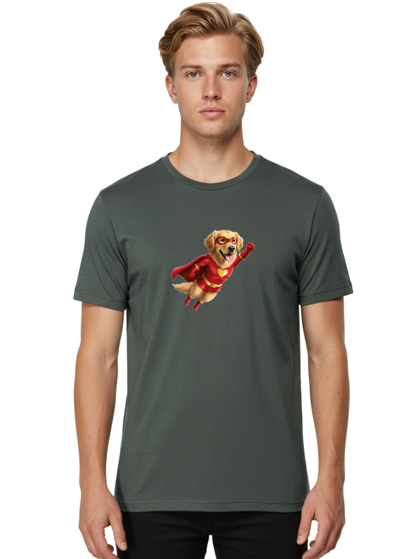 Super-Dog Men'S Graphic Tee, 100% Cotton, Comfortable Casual Summer Wear, Machine Washable, Cartoon Dog In Red Superhero Costume, Flying Dog, Golden Retriever, Superhero Cape, Red Mask, Yellow Belt, Cartoon Character, Dog Hero, Superpowers Bac501