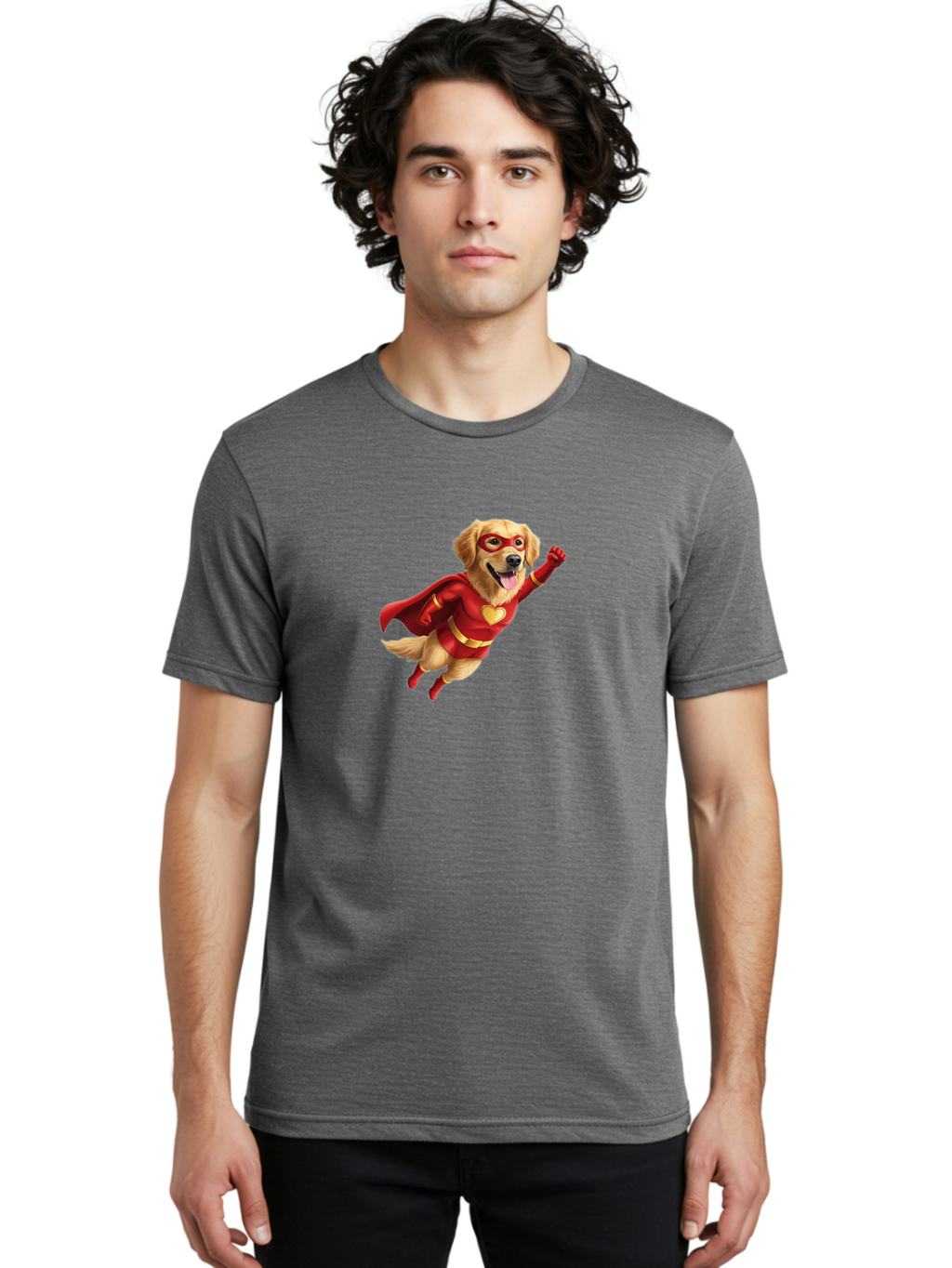 Super-Dog Men'S Graphic Tee, 100% Cotton, Comfortable Casual Summer Wear, Machine Washable, Cartoon Dog In Red Superhero Costume, Flying Dog, Golden Retriever, Superhero Cape, Red Mask, Yellow Belt, Cartoon Character, Dog Hero, Superpowers Bac501