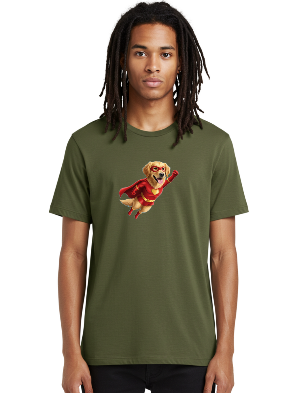 Super-Dog Men'S Graphic Tee, 100% Cotton, Comfortable Casual Summer Wear, Machine Washable, Cartoon Dog In Red Superhero Costume, Flying Dog, Golden Retriever, Superhero Cape, Red Mask, Yellow Belt, Cartoon Character, Dog Hero, Superpowers Bac501