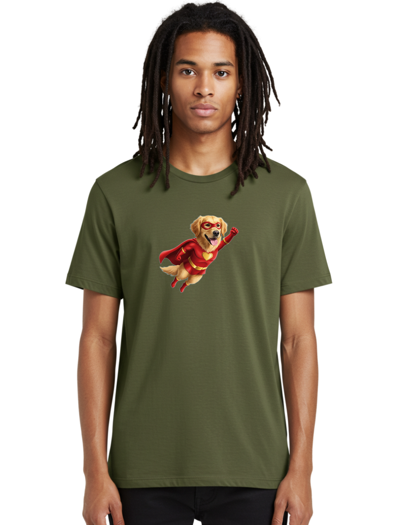 Super-Dog Men'S Graphic Tee, 100% Cotton, Comfortable Casual Summer Wear, Machine Washable, Cartoon Dog In Red Superhero Costume, Flying Dog, Golden Retriever, Superhero Cape, Red Mask, Yellow Belt, Cartoon Character, Dog Hero, Superpowers Bac501