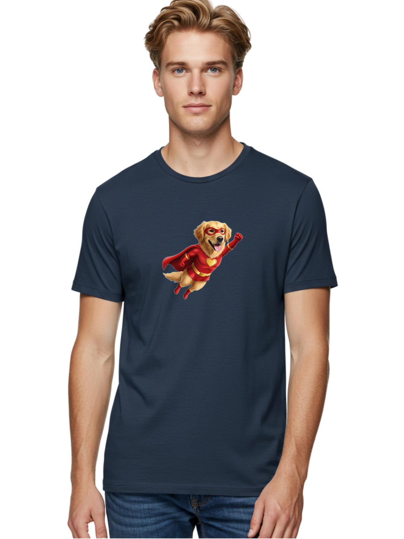 Super-Dog Men'S Graphic Tee, 100% Cotton, Comfortable Casual Summer Wear, Machine Washable, Cartoon Dog In Red Superhero Costume, Flying Dog, Golden Retriever, Superhero Cape, Red Mask, Yellow Belt, Cartoon Character, Dog Hero, Superpowers Bac501