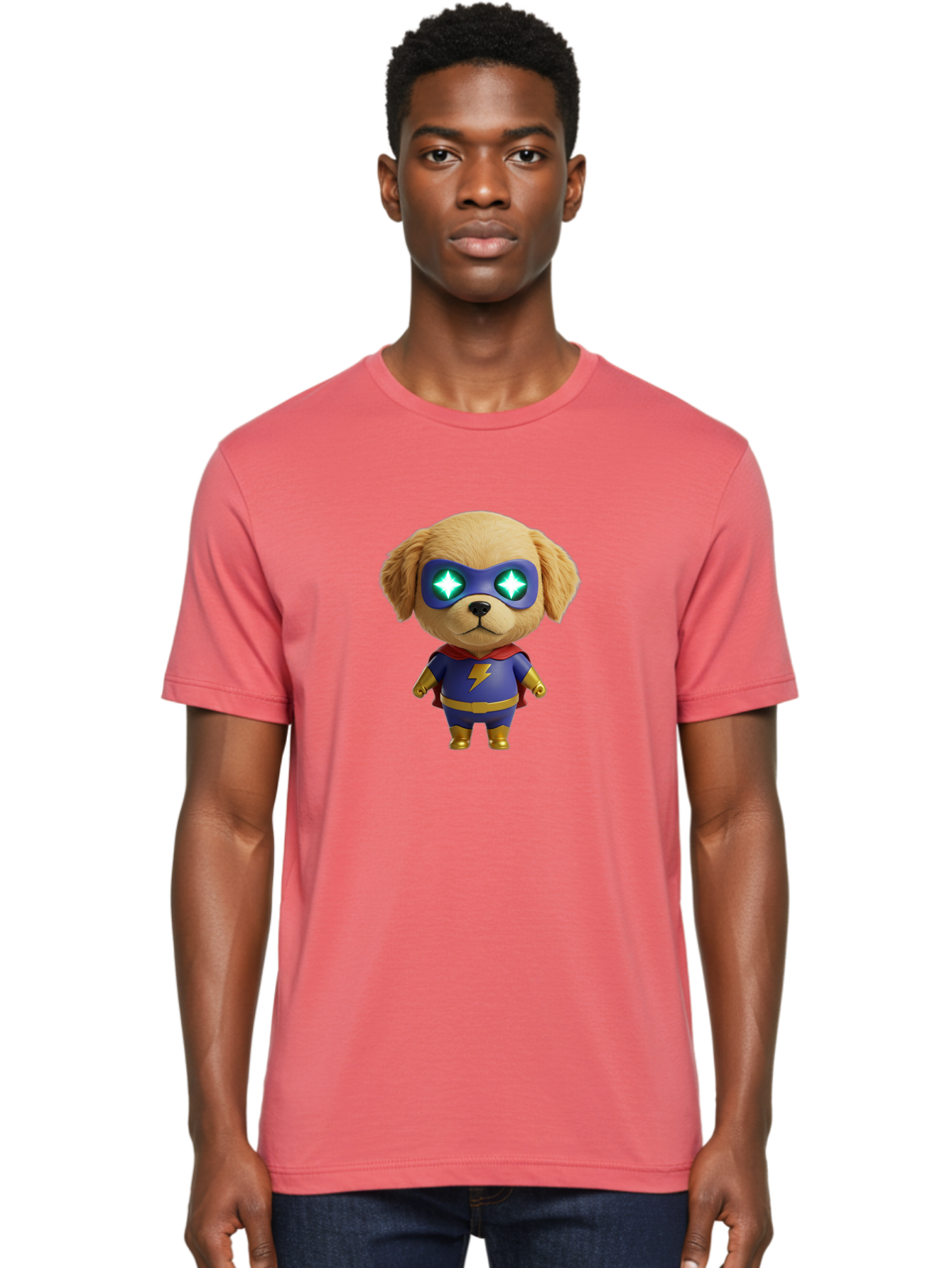 Super-Puppy Men'S Graphic Tee, 100% Cotton, Comfortable Casual Summer Wear, Machine Washable, Superhero Dog, Cartoon Character, Puppy Wearing Mask, Superhero Costume, Puppy With Cape, Dog With Lightning Bolt, Cute Puppy, Digital Illustration, Bac502