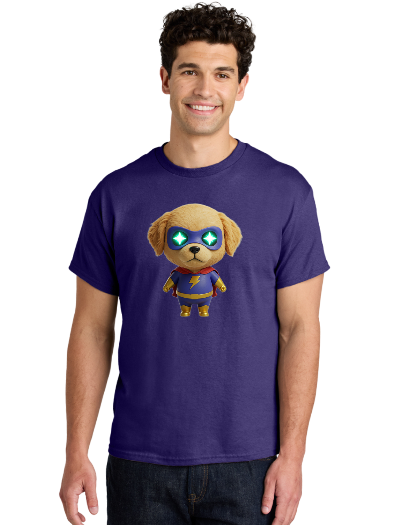 Super-Puppy Men'S Graphic Tee, 100% Cotton, Comfortable Casual Summer Wear, Machine Washable, Superhero Dog, Cartoon Character, Puppy Wearing Mask, Superhero Costume, Puppy With Cape, Dog With Lightning Bolt, Cute Puppy, Digital Illustration, Bac502