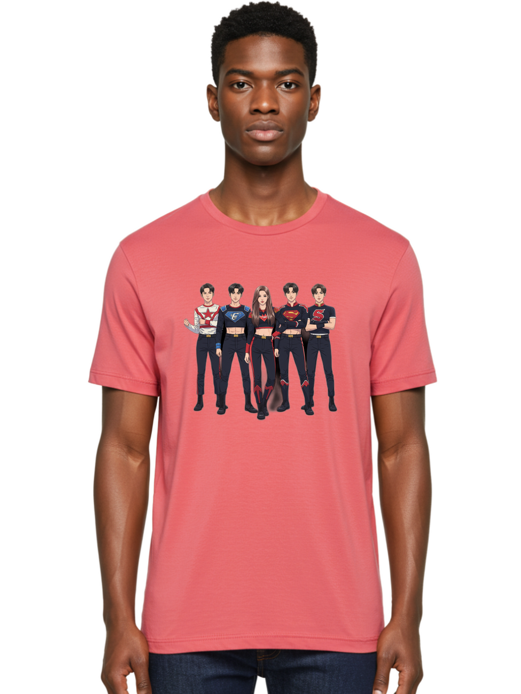 Superheroes-Kpop-Group Men'S Graphic Tee, 100% Cotton, Comfortable Casual Summer Wear, Machine Washable, Superhero Team, K-Pop Inspired Costumes, Superhero Logos, Red And Black Attire, Superhero Fashion, Comic Book Style, Modern Superheroes, Bac503
