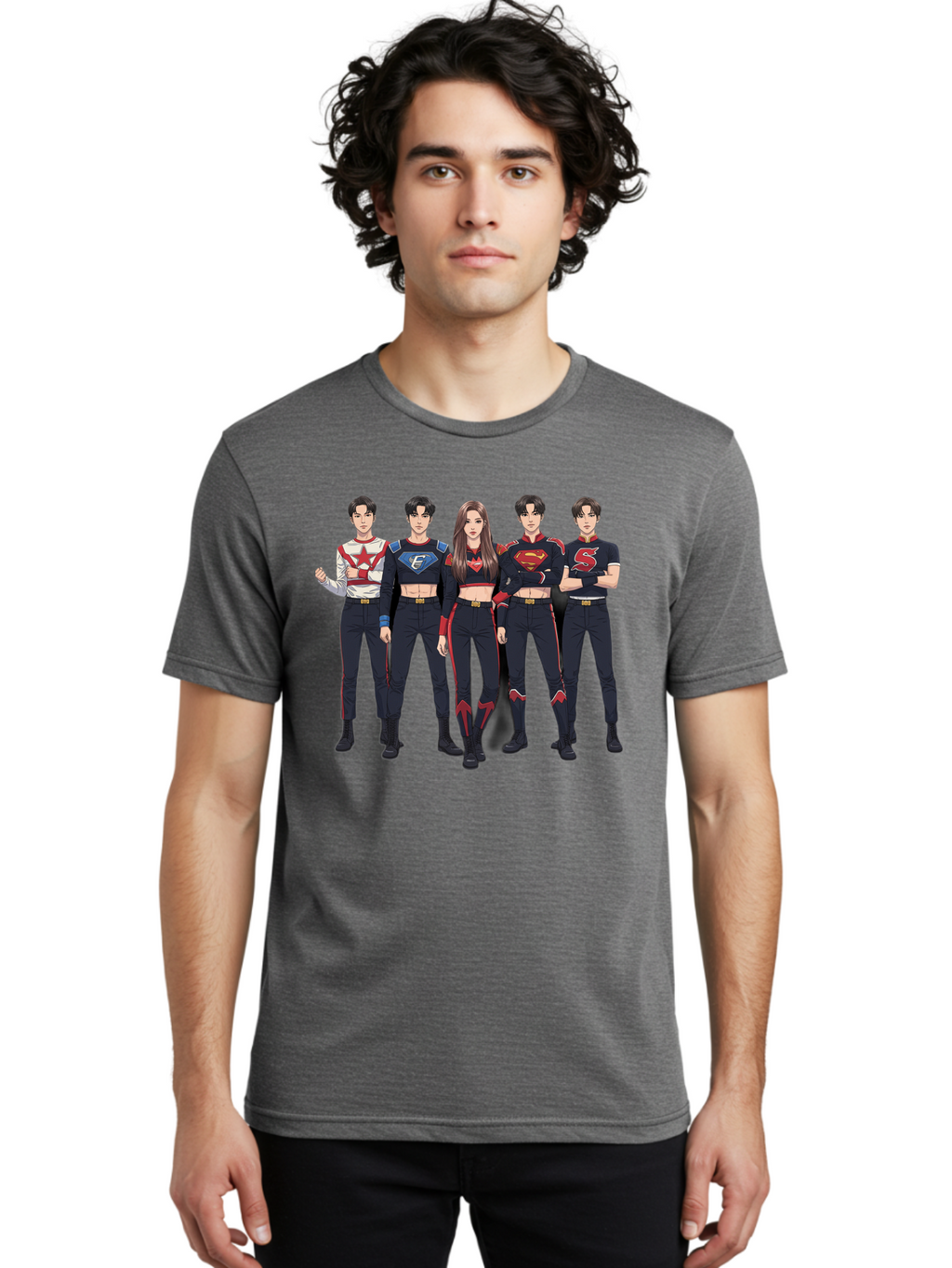 Superheroes-Kpop-Group Men'S Graphic Tee, 100% Cotton, Comfortable Casual Summer Wear, Machine Washable, Superhero Team, K-Pop Inspired Costumes, Superhero Logos, Red And Black Attire, Superhero Fashion, Comic Book Style, Modern Superheroes, Bac503