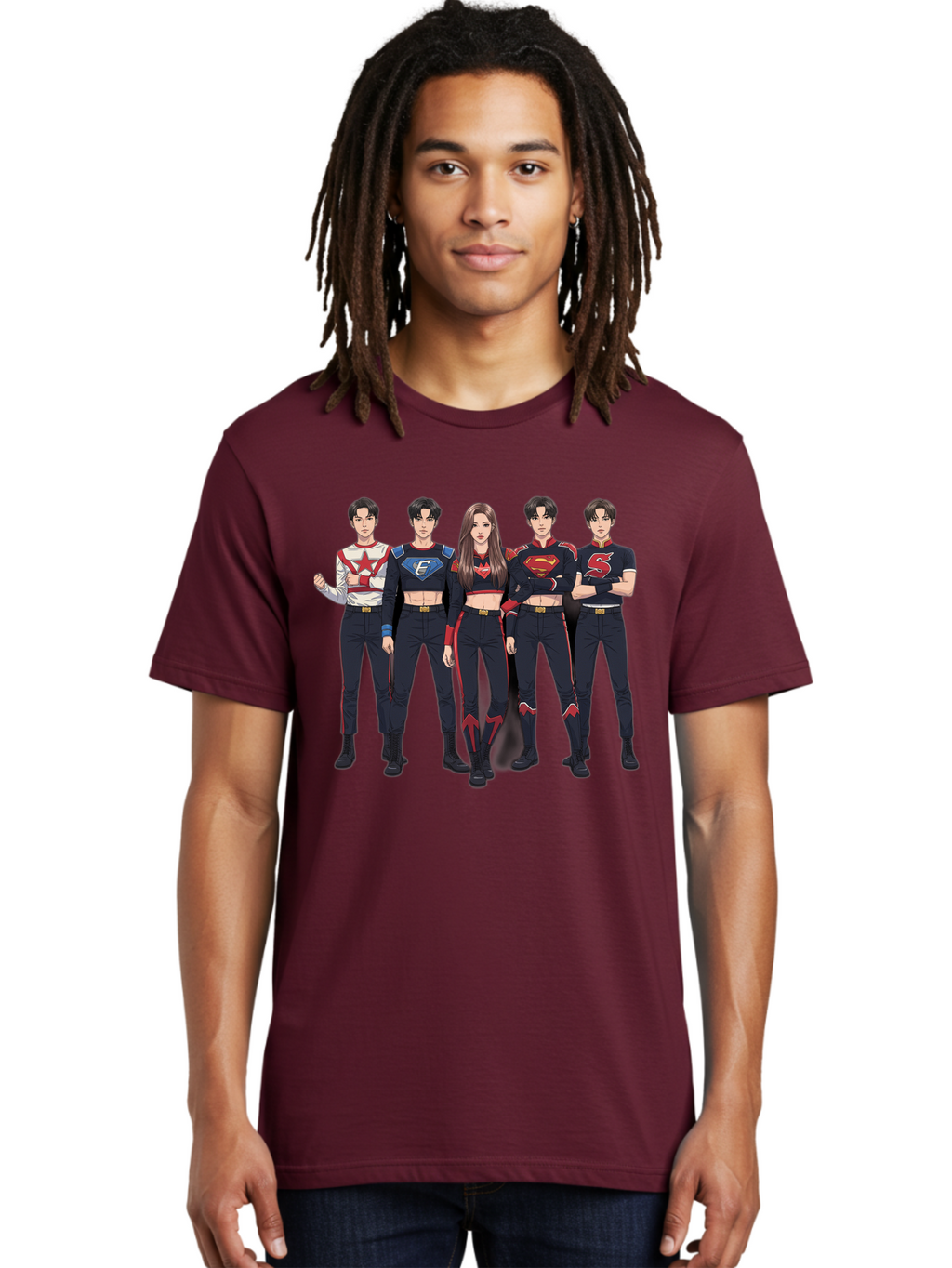 Superheroes-Kpop-Group Men'S Graphic Tee, 100% Cotton, Comfortable Casual Summer Wear, Machine Washable, Superhero Team, K-Pop Inspired Costumes, Superhero Logos, Red And Black Attire, Superhero Fashion, Comic Book Style, Modern Superheroes, Bac503