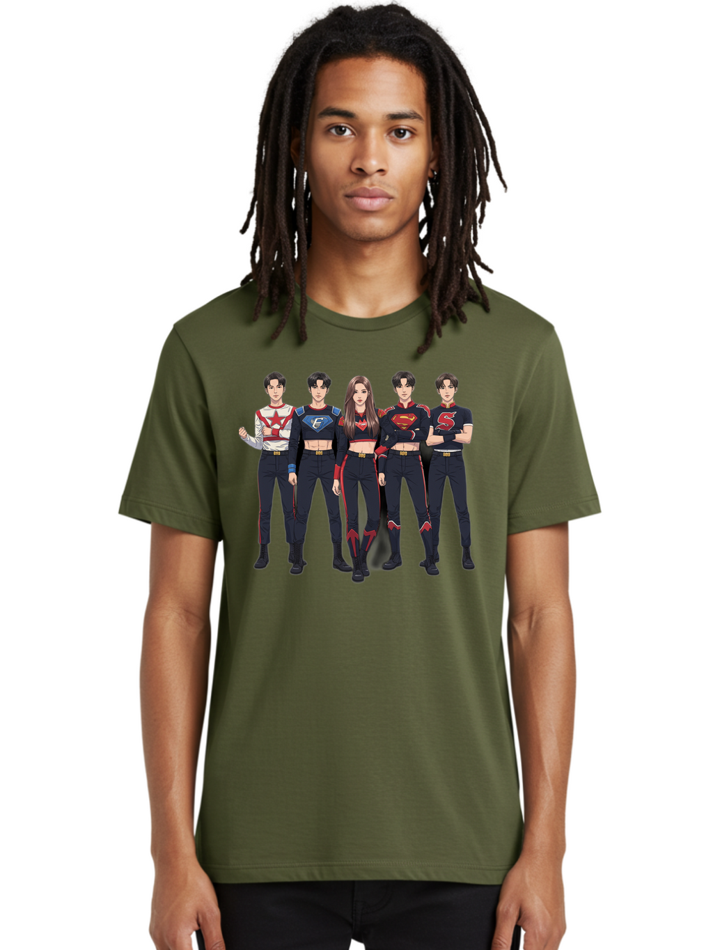 Superheroes-Kpop-Group Men'S Graphic Tee, 100% Cotton, Comfortable Casual Summer Wear, Machine Washable, Superhero Team, K-Pop Inspired Costumes, Superhero Logos, Red And Black Attire, Superhero Fashion, Comic Book Style, Modern Superheroes, Bac503