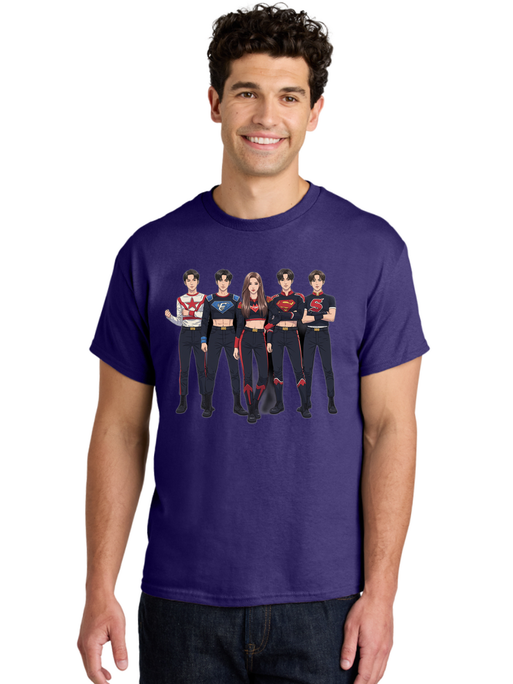 Superheroes-Kpop-Group Men'S Graphic Tee, 100% Cotton, Comfortable Casual Summer Wear, Machine Washable, Superhero Team, K-Pop Inspired Costumes, Superhero Logos, Red And Black Attire, Superhero Fashion, Comic Book Style, Modern Superheroes, Bac503