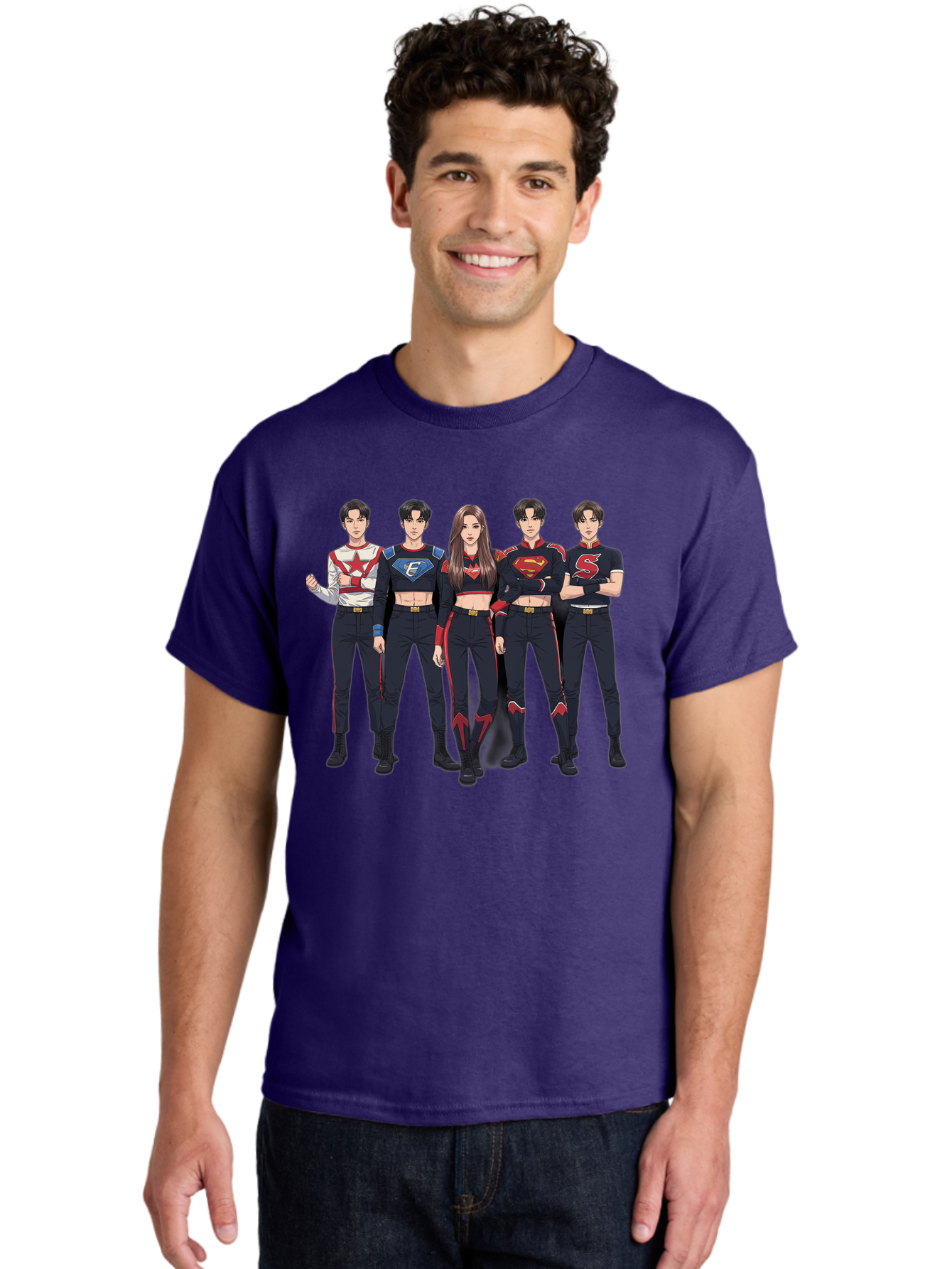 Superheroes-Kpop-Group Men'S Graphic Tee, 100% Cotton, Comfortable Casual Summer Wear, Machine Washable, Superhero Team, K-Pop Inspired Costumes, Superhero Logos, Red And Black Attire, Superhero Fashion, Comic Book Style, Modern Superheroes, Bac503