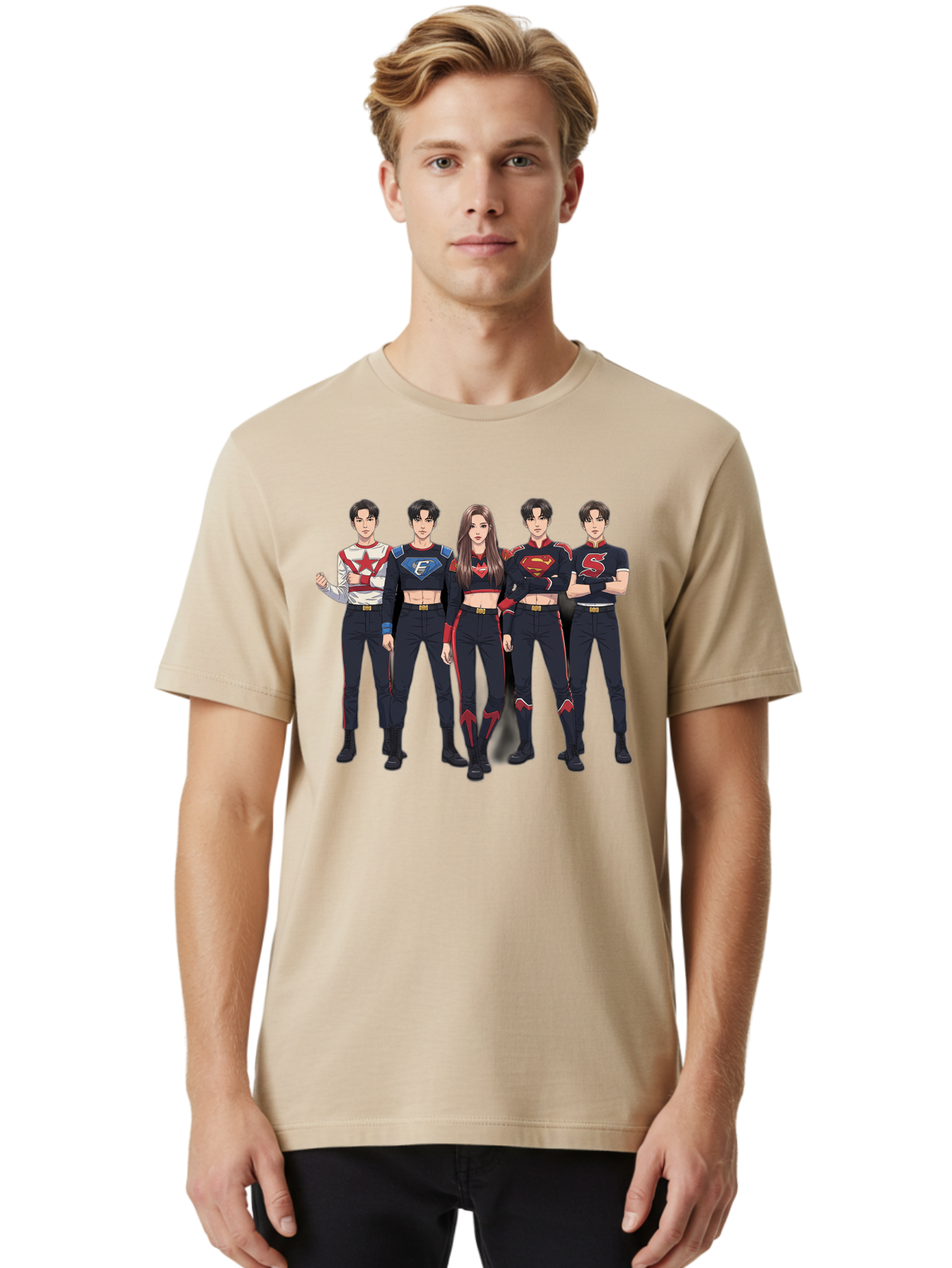 Superheroes-Kpop-Group Men'S Graphic Tee, 100% Cotton, Comfortable Casual Summer Wear, Machine Washable, Superhero Team, K-Pop Inspired Costumes, Superhero Logos, Red And Black Attire, Superhero Fashion, Comic Book Style, Modern Superheroes, Bac503