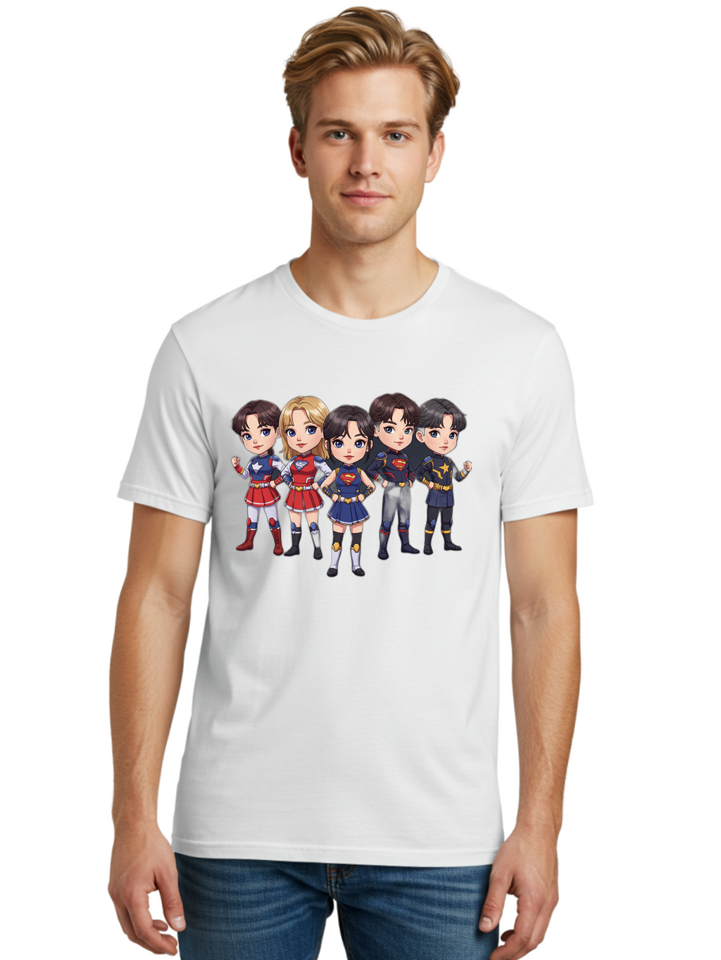 Superheroes Men'S Graphic Tee, 100% Cotton, Comfortable Casual Summer Wear, Machine Washable, Cartoon Superheroes, Superhero Team, Dc Characters, Wonder Woman, Supergirl, Superman, Costume Design, Superhero Costumes, Comic Book Style, Bac504