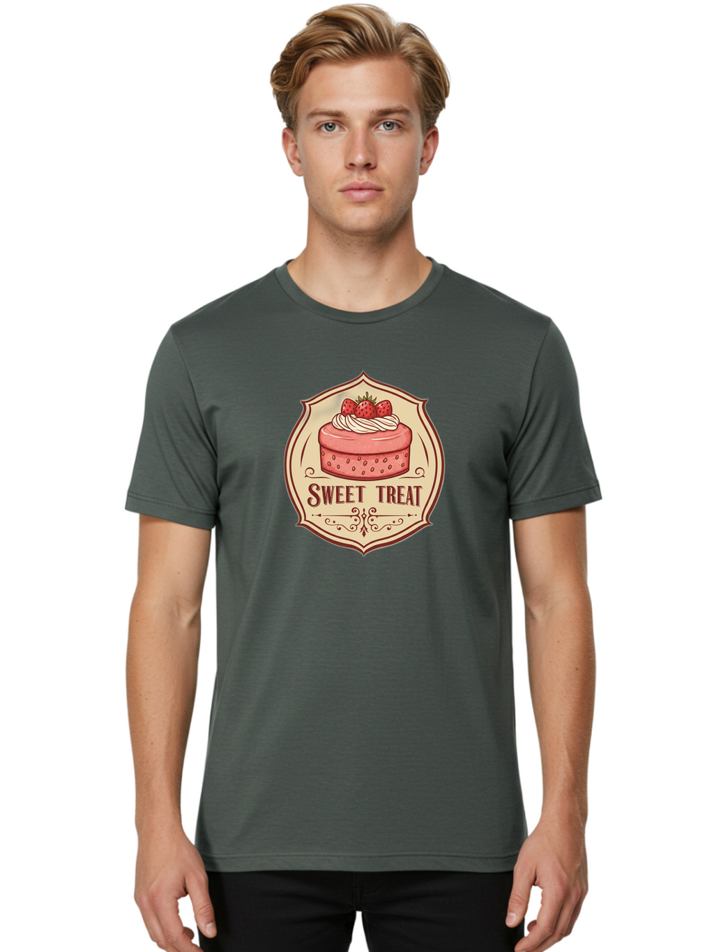 Sweet-Treat Men'S Graphic Tee, 100% Cotton, Comfortable Casual Summer Wear, Machine Washable, Strawberry Cake, Sweet Treat, Dessert Logo, Vintage Label, Whipped Cream, Strawberries, Cake Decoration, Bakery Design, Retro Style, Sweet Delights Bac506