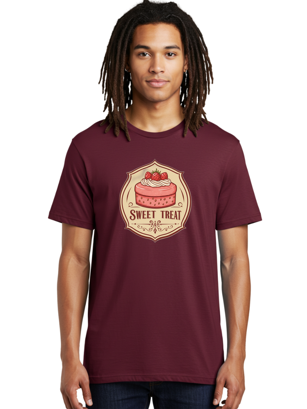 Sweet-Treat Men'S Graphic Tee, 100% Cotton, Comfortable Casual Summer Wear, Machine Washable, Strawberry Cake, Sweet Treat, Dessert Logo, Vintage Label, Whipped Cream, Strawberries, Cake Decoration, Bakery Design, Retro Style, Sweet Delights Bac506