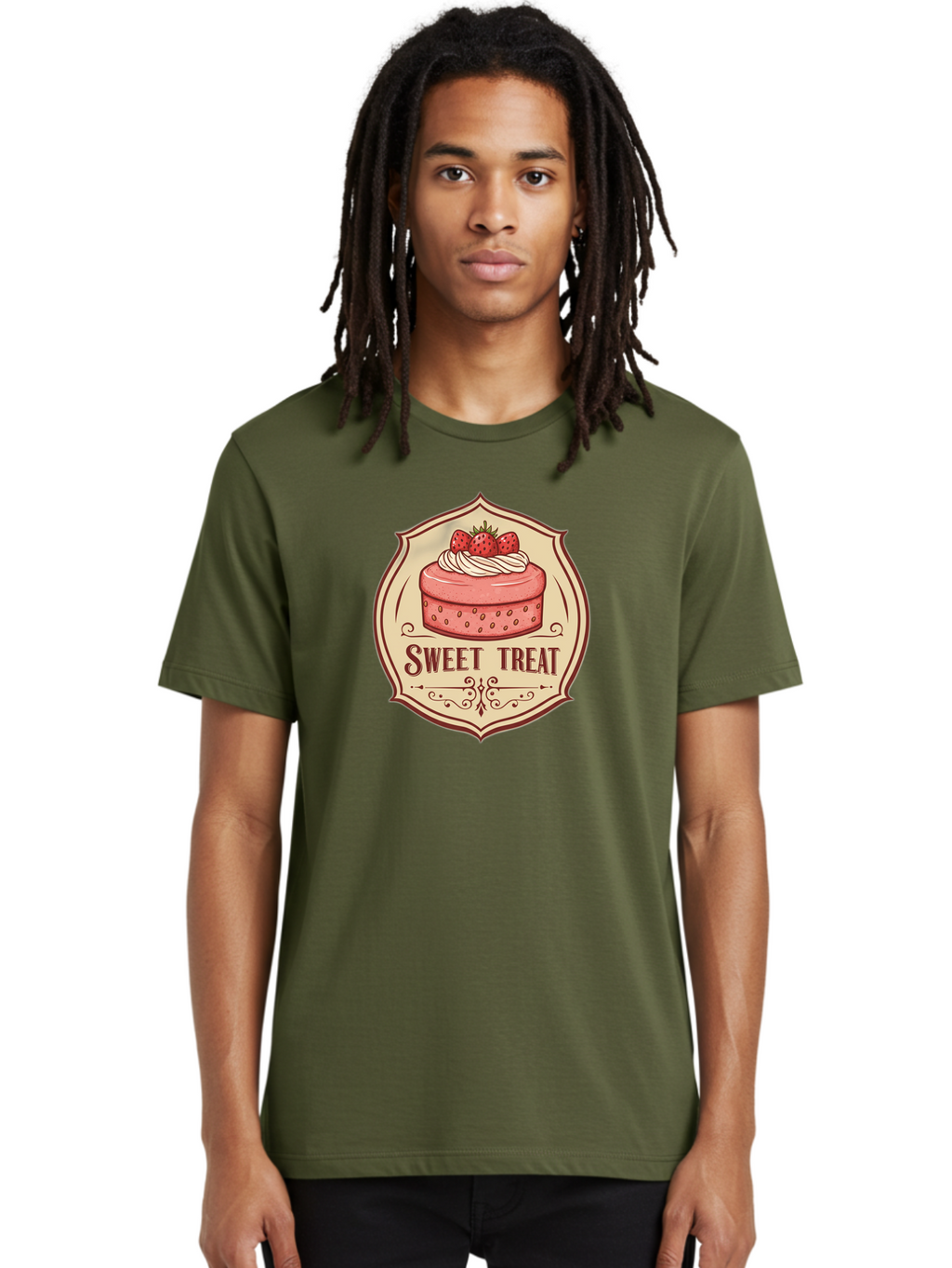 Sweet-Treat Men'S Graphic Tee, 100% Cotton, Comfortable Casual Summer Wear, Machine Washable, Strawberry Cake, Sweet Treat, Dessert Logo, Vintage Label, Whipped Cream, Strawberries, Cake Decoration, Bakery Design, Retro Style, Sweet Delights Bac506