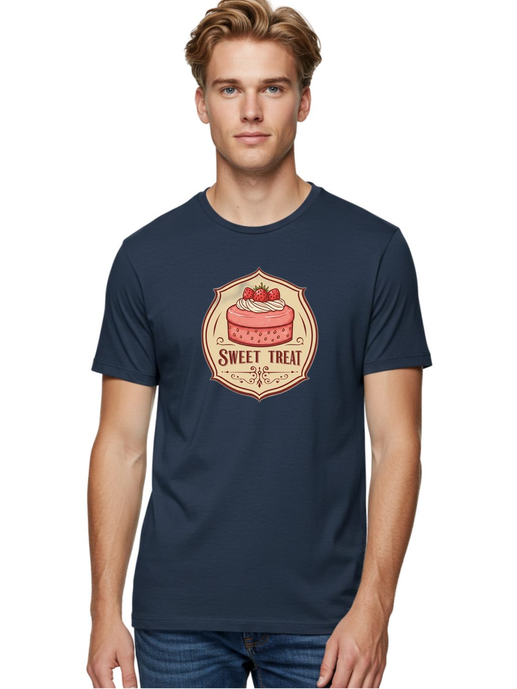Sweet-Treat Men'S Graphic Tee, 100% Cotton, Comfortable Casual Summer Wear, Machine Washable, Strawberry Cake, Sweet Treat, Dessert Logo, Vintage Label, Whipped Cream, Strawberries, Cake Decoration, Bakery Design, Retro Style, Sweet Delights Bac506