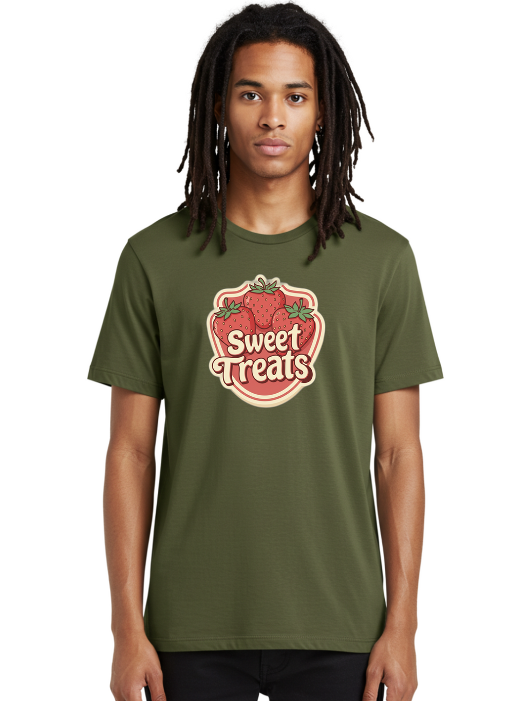Sweet-Treats Men'S Graphic Tee, 100% Cotton, Comfortable Casual Summer Wear, Machine Washable, Strawberry Dessert, Sweet Treats, Fruit Illustration, Cartoon Style, Dessert Logo, Strawberries, Yummy Treats, Tasty Desserts, Fruit Logo Bac507