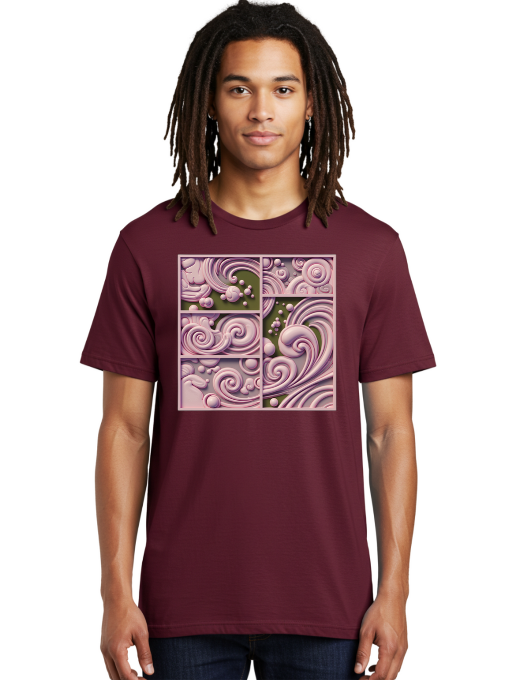 Swirling-Patterns Men'S Graphic Tee, 100% Cotton, Comfortable Casual Summer Wear, Machine Washable, Pink Swirls, Fluid Design, Abstract Pattern, Ornate Details, Whimsical Shapes, 3D Effect, Artistic Expression, Creative Wallpaper, Bac508