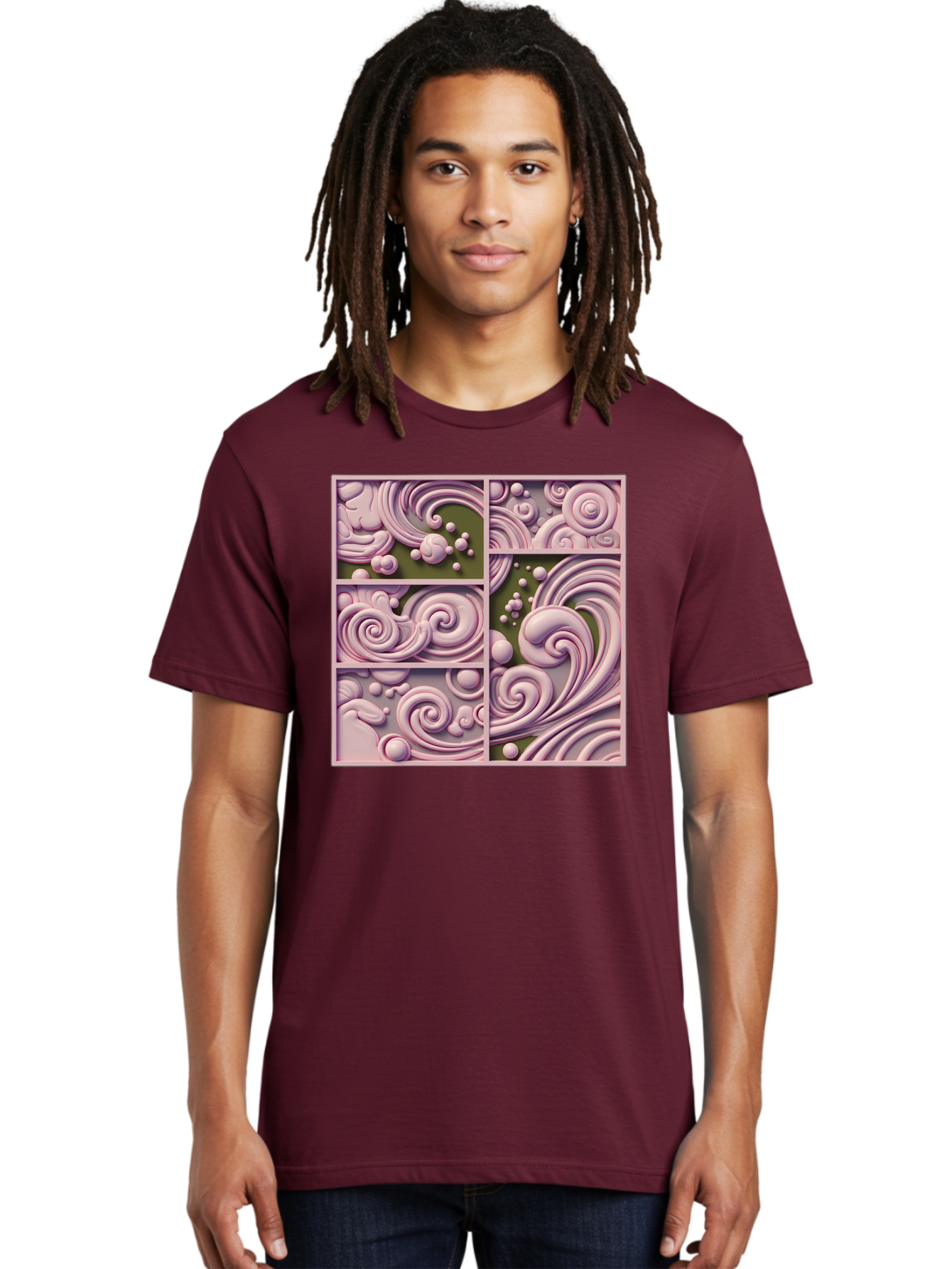 Swirling-Patterns Men'S Graphic Tee, 100% Cotton, Comfortable Casual Summer Wear, Machine Washable, Pink Swirls, Fluid Design, Abstract Pattern, Ornate Details, Whimsical Shapes, 3D Effect, Artistic Expression, Creative Wallpaper, Bac508