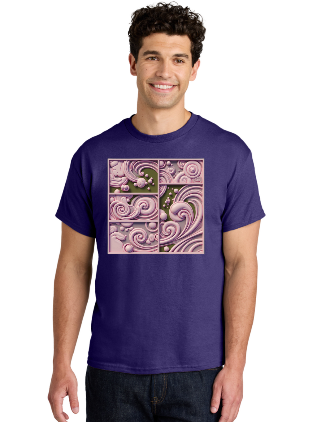 Swirling-Patterns Men'S Graphic Tee, 100% Cotton, Comfortable Casual Summer Wear, Machine Washable, Pink Swirls, Fluid Design, Abstract Pattern, Ornate Details, Whimsical Shapes, 3D Effect, Artistic Expression, Creative Wallpaper, Bac508