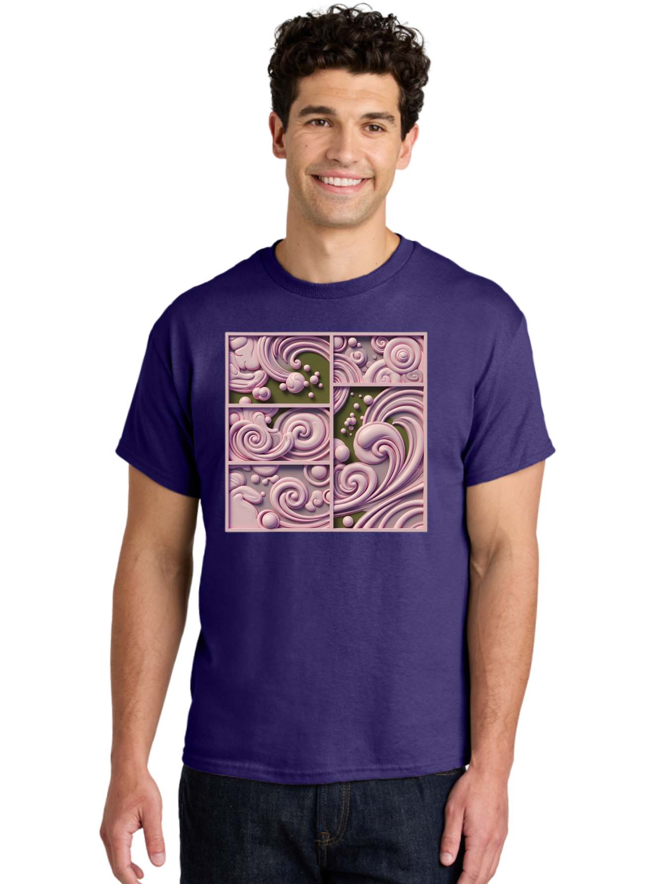 Swirling-Patterns Men'S Graphic Tee, 100% Cotton, Comfortable Casual Summer Wear, Machine Washable, Pink Swirls, Fluid Design, Abstract Pattern, Ornate Details, Whimsical Shapes, 3D Effect, Artistic Expression, Creative Wallpaper, Bac508