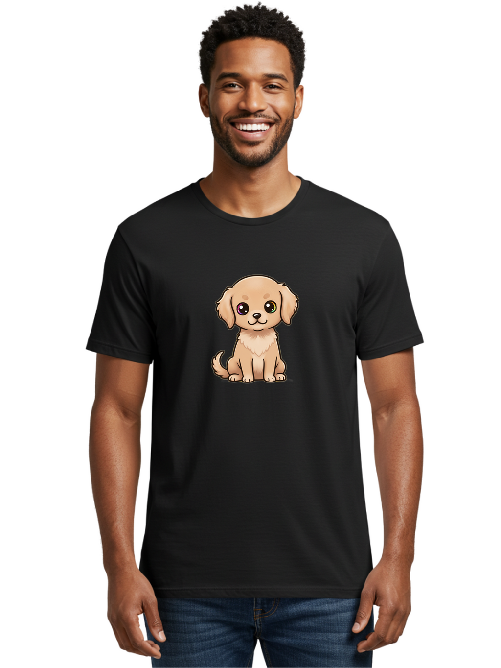 Tan-Puppy Men'S Graphic Tee, 100% Cotton, Comfortable Casual Summer Wear, Machine Washable, Cute Puppy, Cartoon Dog, Tan Colored Puppy, Fluffy Fur, Big Eyes, Sweet Expression, Sitting Dog, Adorable Animal, Kawaii Character, Playful Puppy, Bac510