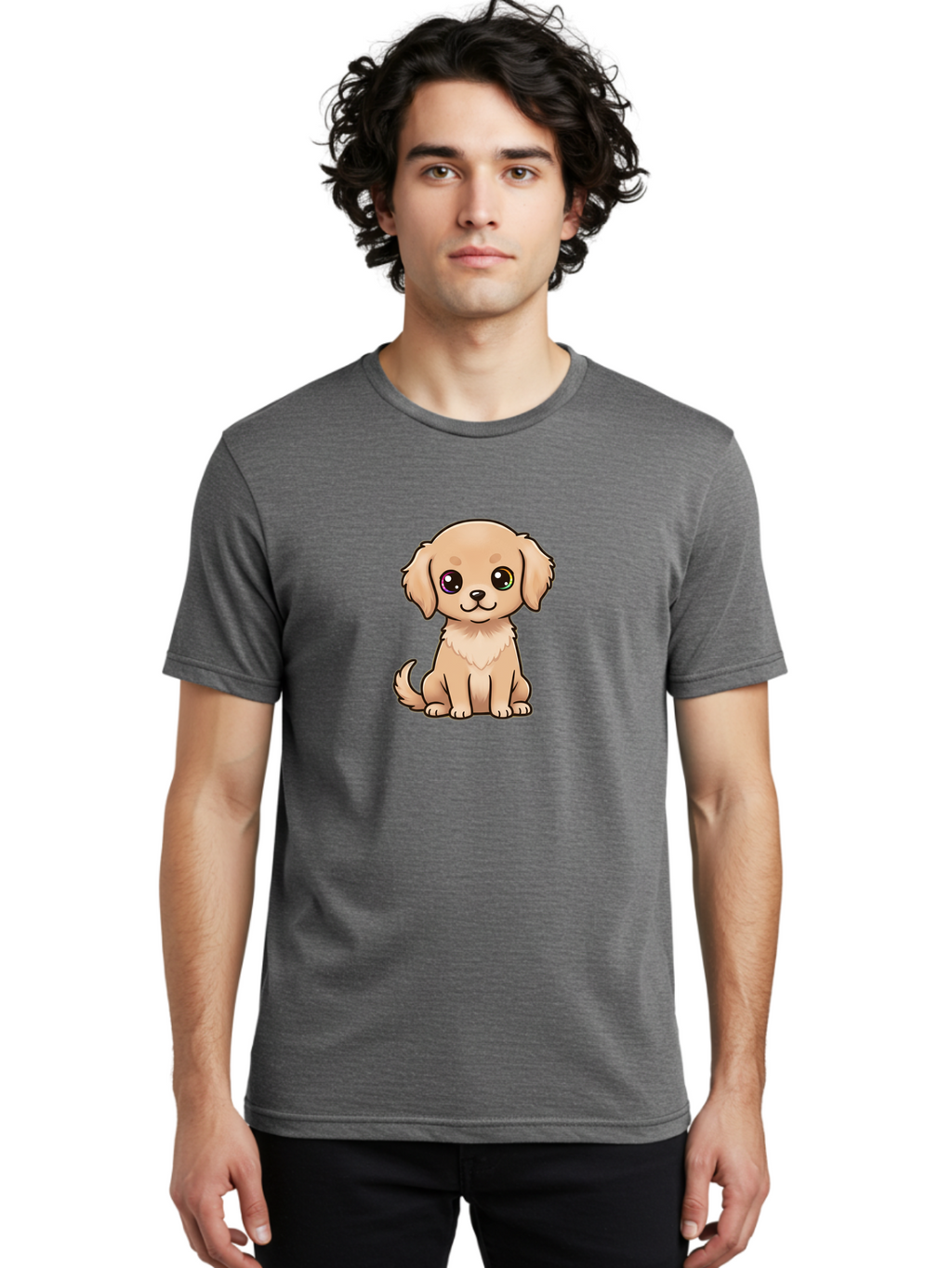 Tan-Puppy Men'S Graphic Tee, 100% Cotton, Comfortable Casual Summer Wear, Machine Washable, Cute Puppy, Cartoon Dog, Tan Colored Puppy, Fluffy Fur, Big Eyes, Sweet Expression, Sitting Dog, Adorable Animal, Kawaii Character, Playful Puppy, Bac510