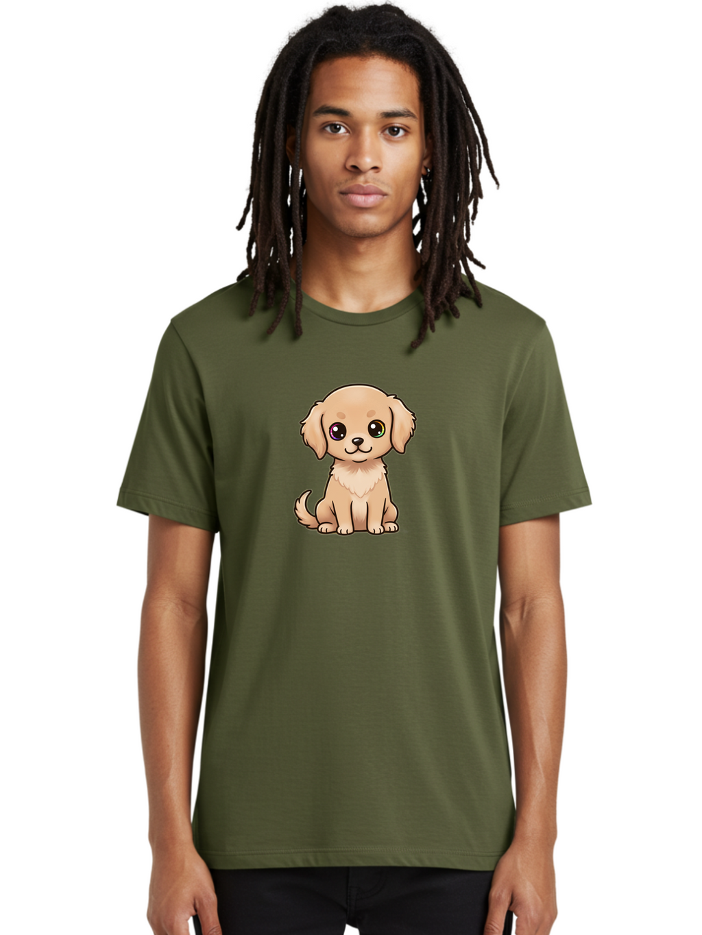 Tan-Puppy Men'S Graphic Tee, 100% Cotton, Comfortable Casual Summer Wear, Machine Washable, Cute Puppy, Cartoon Dog, Tan Colored Puppy, Fluffy Fur, Big Eyes, Sweet Expression, Sitting Dog, Adorable Animal, Kawaii Character, Playful Puppy, Bac510