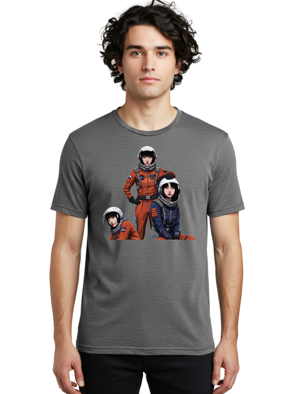 Three-Astronauts Men'S Graphic Tee, 100% Cotton, Comfortable Casual Summer Wear, Machine Washable, Astronauts In Space Suits, Orange And Blue Jumpsuits, Space Mission, Helmet And Gloves, Futuristic Design, Team Of Explorers, Space Travel Bac511