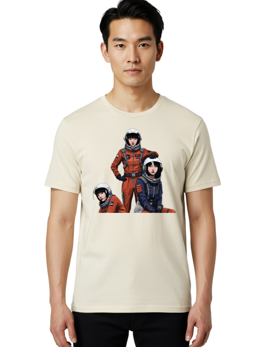 Three-Astronauts Men'S Graphic Tee, 100% Cotton, Comfortable Casual Summer Wear, Machine Washable, Astronauts In Space Suits, Orange And Blue Jumpsuits, Space Mission, Helmet And Gloves, Futuristic Design, Team Of Explorers, Space Travel Bac511