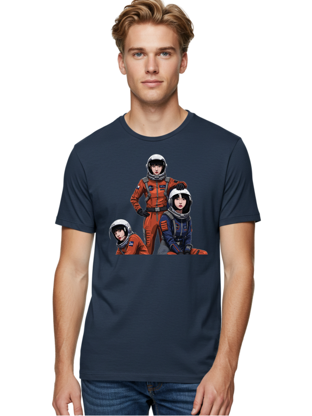 Three-Astronauts Men'S Graphic Tee, 100% Cotton, Comfortable Casual Summer Wear, Machine Washable, Astronauts In Space Suits, Orange And Blue Jumpsuits, Space Mission, Helmet And Gloves, Futuristic Design, Team Of Explorers, Space Travel Bac511