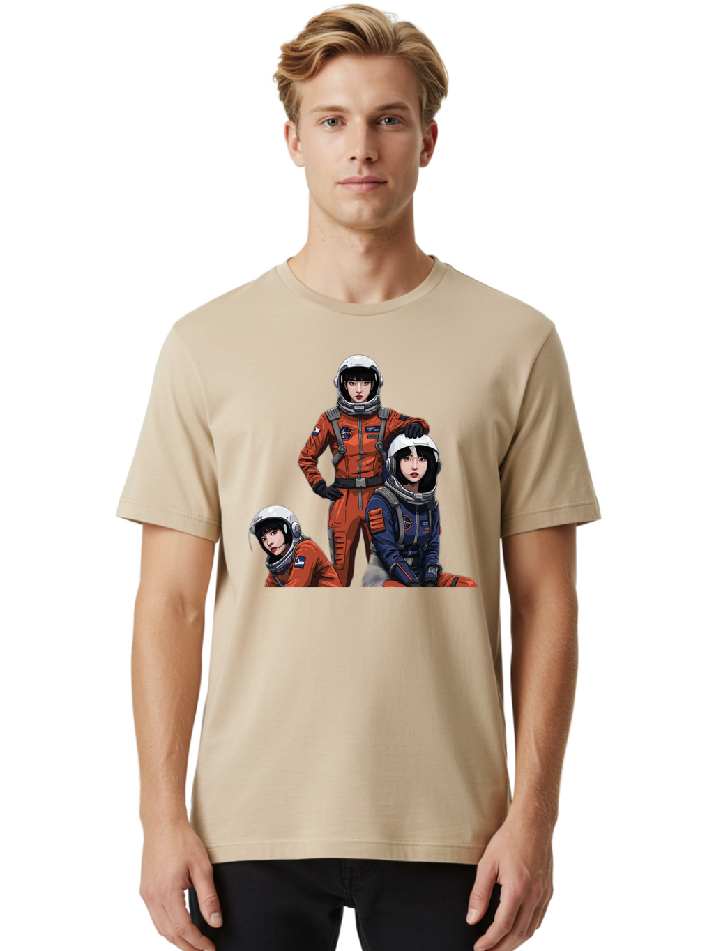 Three-Astronauts Men'S Graphic Tee, 100% Cotton, Comfortable Casual Summer Wear, Machine Washable, Astronauts In Space Suits, Orange And Blue Jumpsuits, Space Mission, Helmet And Gloves, Futuristic Design, Team Of Explorers, Space Travel Bac511