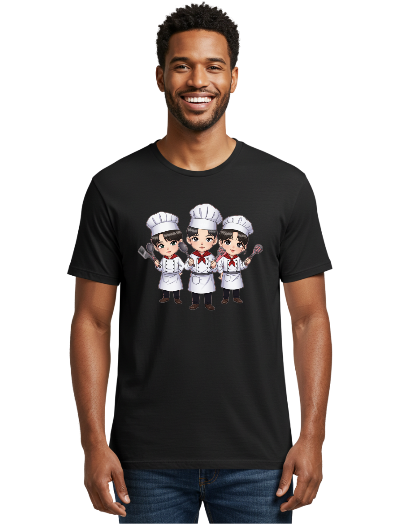 Three-Cartoon-Chefs Men'S Graphic Tee, 100% Cotton, Comfortable Casual Summer Wear, Machine Washable, Cartoon Chefs, Cooking Utensils, Kitchen Staff, Chef Hats, White Coats, Red Neckerchiefs, Cooking Tools, Ladle, Spatula, Whisk Bac512