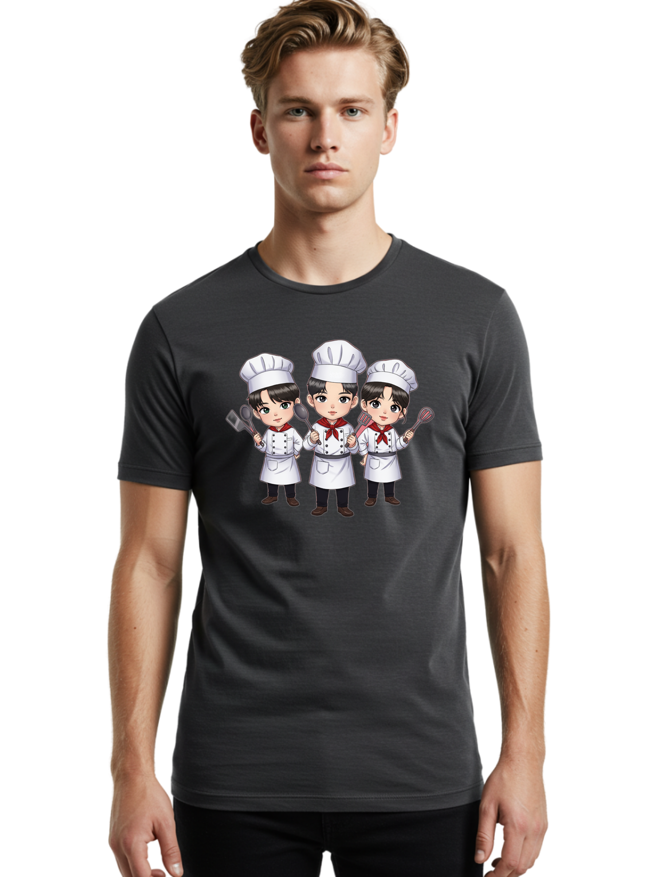 Three-Cartoon-Chefs Men'S Graphic Tee, 100% Cotton, Comfortable Casual Summer Wear, Machine Washable, Cartoon Chefs, Cooking Utensils, Kitchen Staff, Chef Hats, White Coats, Red Neckerchiefs, Cooking Tools, Ladle, Spatula, Whisk Bac512
