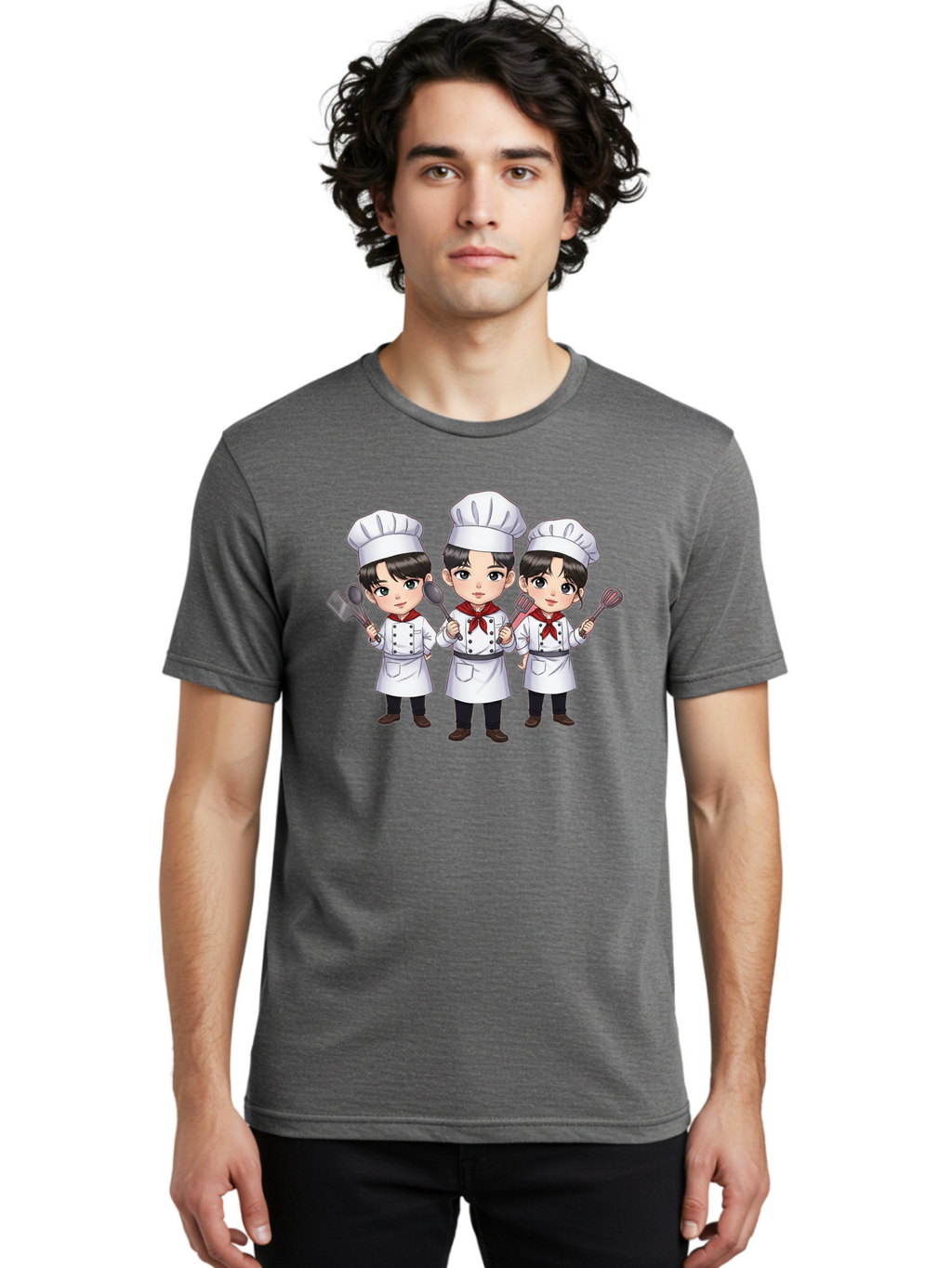 Three-Cartoon-Chefs Men'S Graphic Tee, 100% Cotton, Comfortable Casual Summer Wear, Machine Washable, Cartoon Chefs, Cooking Utensils, Kitchen Staff, Chef Hats, White Coats, Red Neckerchiefs, Cooking Tools, Ladle, Spatula, Whisk Bac512