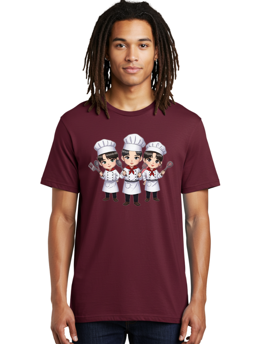 Three-Cartoon-Chefs Men'S Graphic Tee, 100% Cotton, Comfortable Casual Summer Wear, Machine Washable, Cartoon Chefs, Cooking Utensils, Kitchen Staff, Chef Hats, White Coats, Red Neckerchiefs, Cooking Tools, Ladle, Spatula, Whisk Bac512