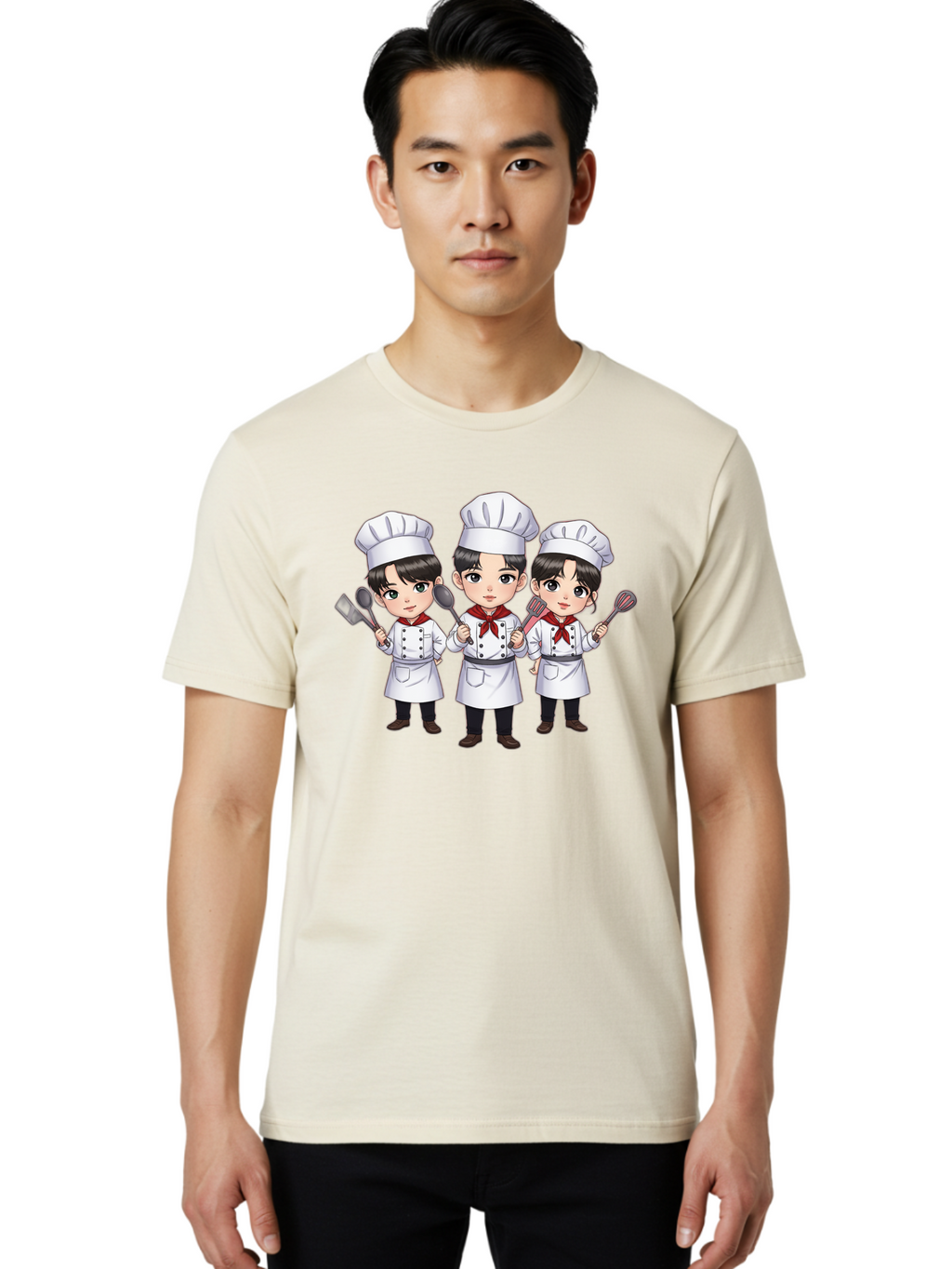 Three-Cartoon-Chefs Men'S Graphic Tee, 100% Cotton, Comfortable Casual Summer Wear, Machine Washable, Cartoon Chefs, Cooking Utensils, Kitchen Staff, Chef Hats, White Coats, Red Neckerchiefs, Cooking Tools, Ladle, Spatula, Whisk Bac512