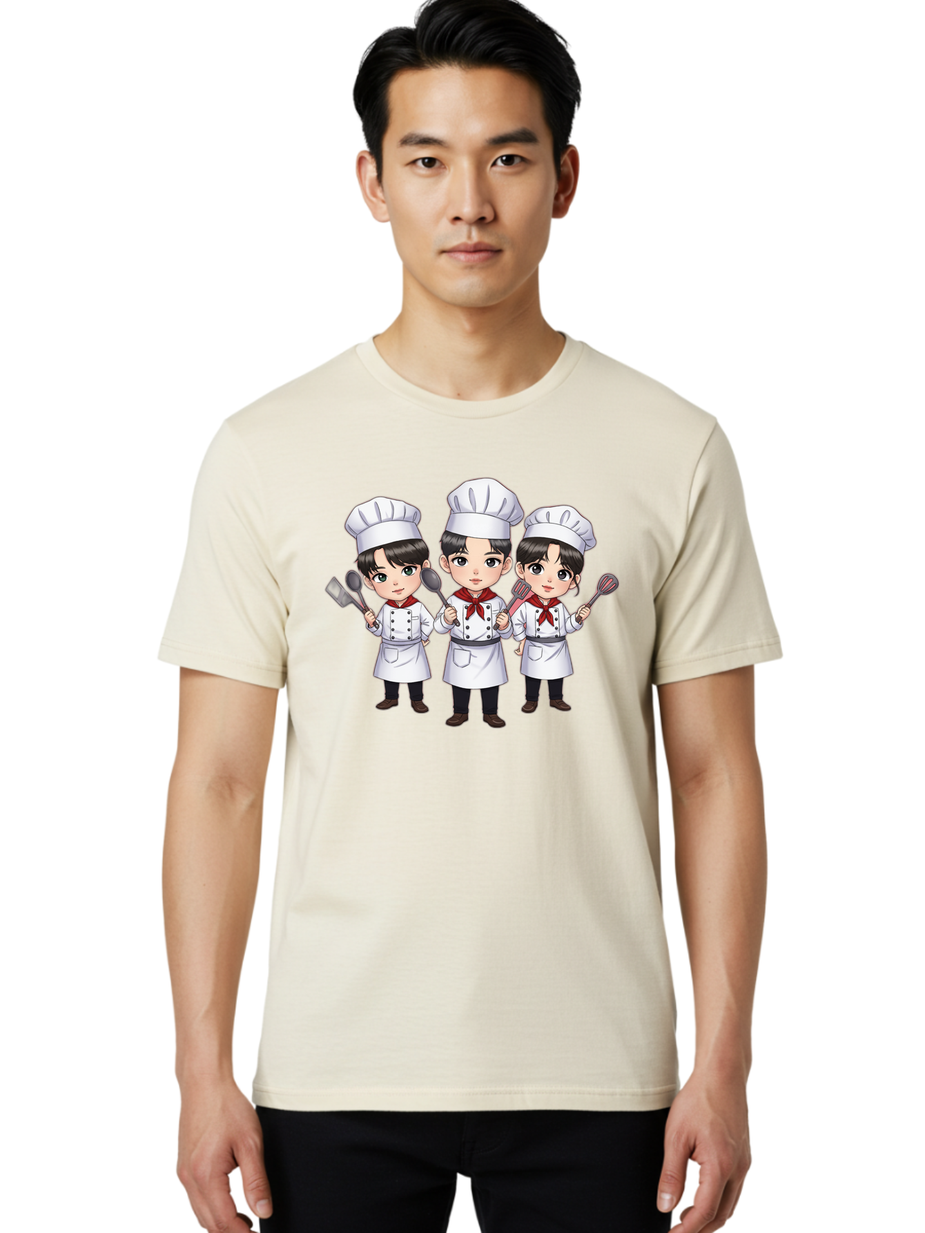 Three-Cartoon-Chefs Men'S Graphic Tee, 100% Cotton, Comfortable Casual Summer Wear, Machine Washable, Cartoon Chefs, Cooking Utensils, Kitchen Staff, Chef Hats, White Coats, Red Neckerchiefs, Cooking Tools, Ladle, Spatula, Whisk Bac512