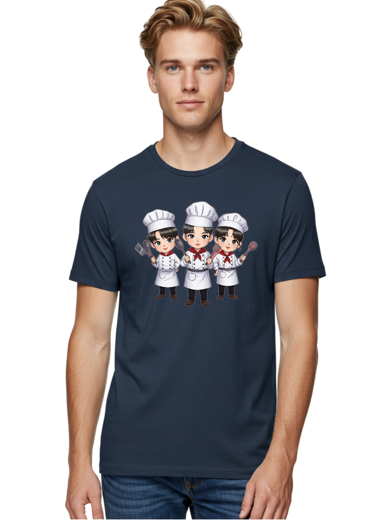 Three-Cartoon-Chefs Men'S Graphic Tee, 100% Cotton, Comfortable Casual Summer Wear, Machine Washable, Cartoon Chefs, Cooking Utensils, Kitchen Staff, Chef Hats, White Coats, Red Neckerchiefs, Cooking Tools, Ladle, Spatula, Whisk Bac512