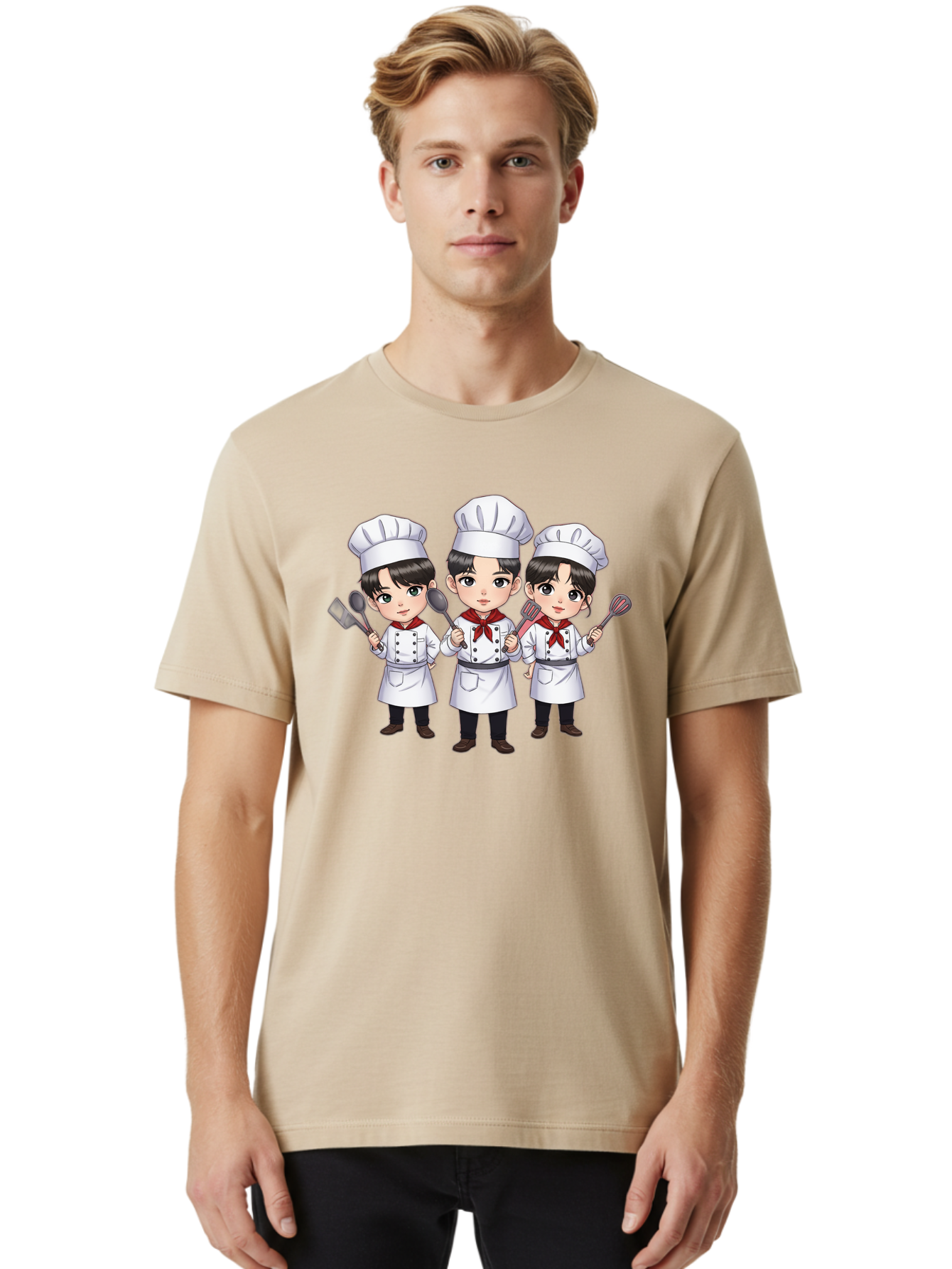 Three-Cartoon-Chefs Men'S Graphic Tee, 100% Cotton, Comfortable Casual Summer Wear, Machine Washable, Cartoon Chefs, Cooking Utensils, Kitchen Staff, Chef Hats, White Coats, Red Neckerchiefs, Cooking Tools, Ladle, Spatula, Whisk Bac512