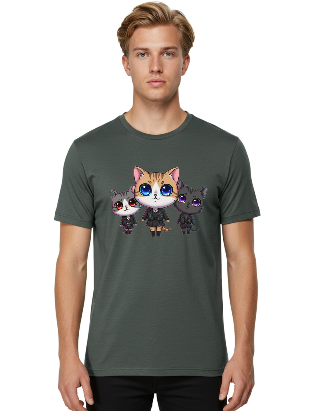 Three-Cats Men'S Graphic Tee, 100% Cotton, Comfortable Casual Summer Wear, Machine Washable, Cartoon Cats, Anime Style, Cute Cats, Kawaii Art, Cat Trio, Cartoon Characters, Stylized Cats, Large Eyes, Dressed Cats, Feline Friends, Digital Art, Bac513