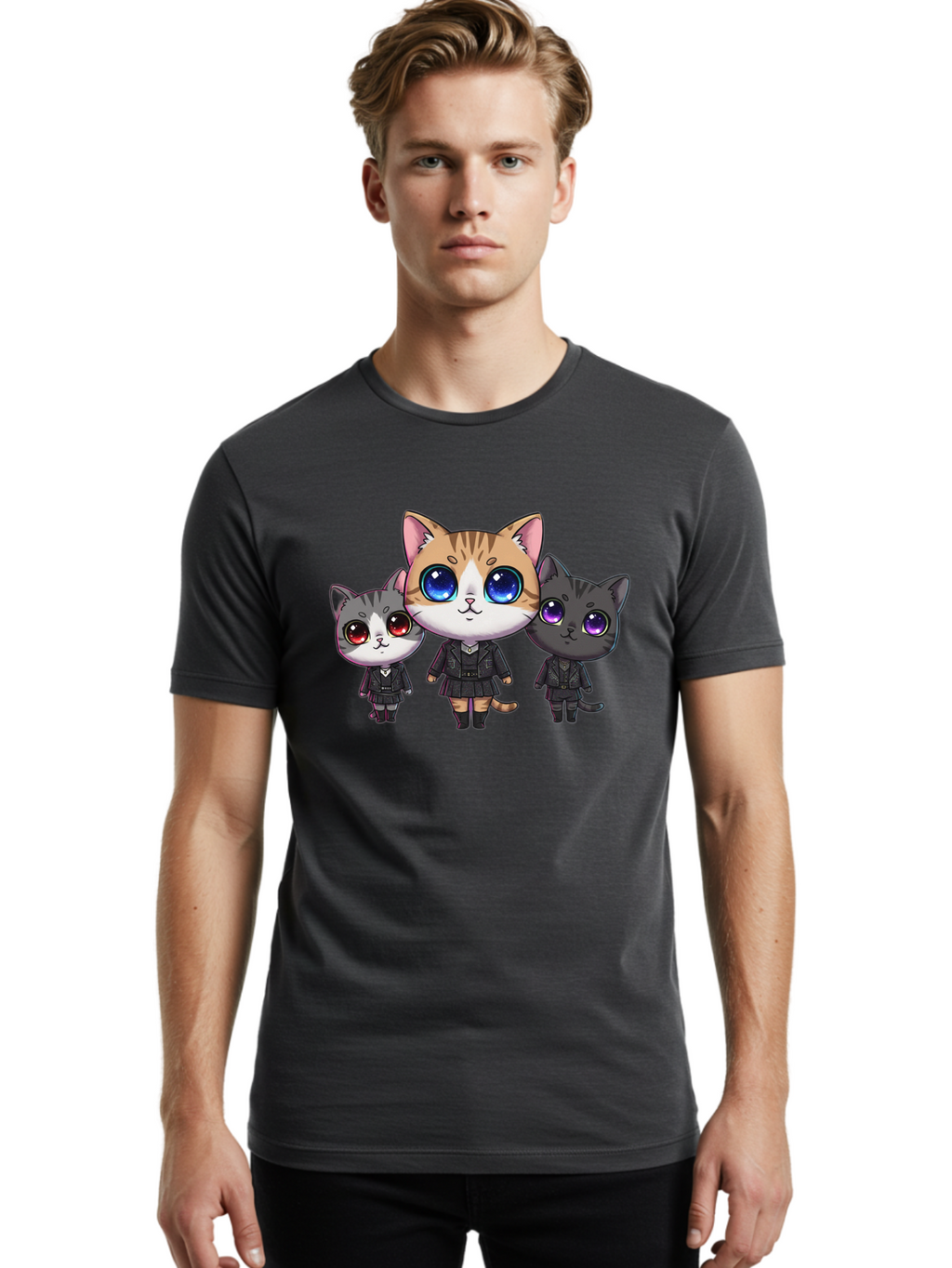 Three-Cats Men'S Graphic Tee, 100% Cotton, Comfortable Casual Summer Wear, Machine Washable, Cartoon Cats, Anime Style, Cute Cats, Kawaii Art, Cat Trio, Cartoon Characters, Stylized Cats, Large Eyes, Dressed Cats, Feline Friends, Digital Art, Bac513