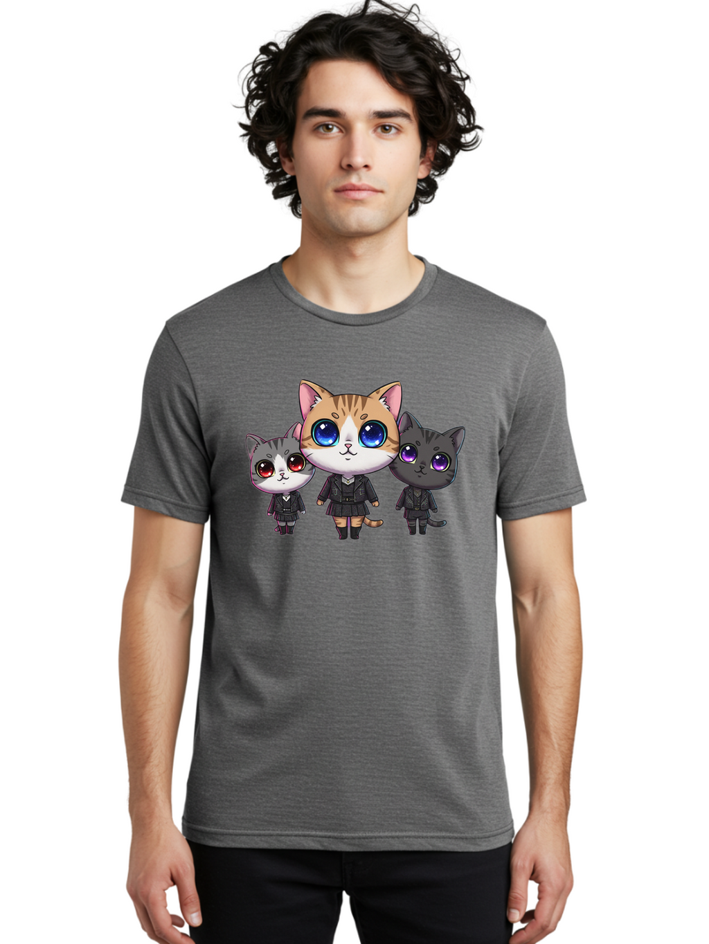 Three-Cats Men'S Graphic Tee, 100% Cotton, Comfortable Casual Summer Wear, Machine Washable, Cartoon Cats, Anime Style, Cute Cats, Kawaii Art, Cat Trio, Cartoon Characters, Stylized Cats, Large Eyes, Dressed Cats, Feline Friends, Digital Art, Bac513