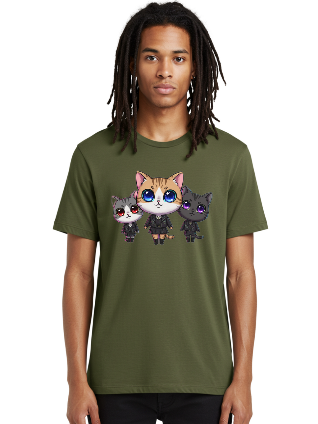 Three-Cats Men'S Graphic Tee, 100% Cotton, Comfortable Casual Summer Wear, Machine Washable, Cartoon Cats, Anime Style, Cute Cats, Kawaii Art, Cat Trio, Cartoon Characters, Stylized Cats, Large Eyes, Dressed Cats, Feline Friends, Digital Art, Bac513