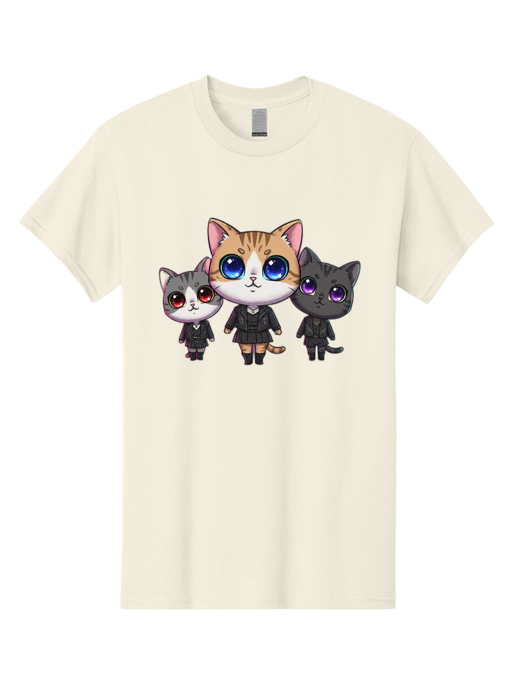 Three-Cats Men'S Graphic Tee, 100% Cotton, Comfortable Casual Summer Wear, Machine Washable, Cartoon Cats, Anime Style, Cute Cats, Kawaii Art, Cat Trio, Cartoon Characters, Stylized Cats, Large Eyes, Dressed Cats, Feline Friends, Digital Art, Bac513