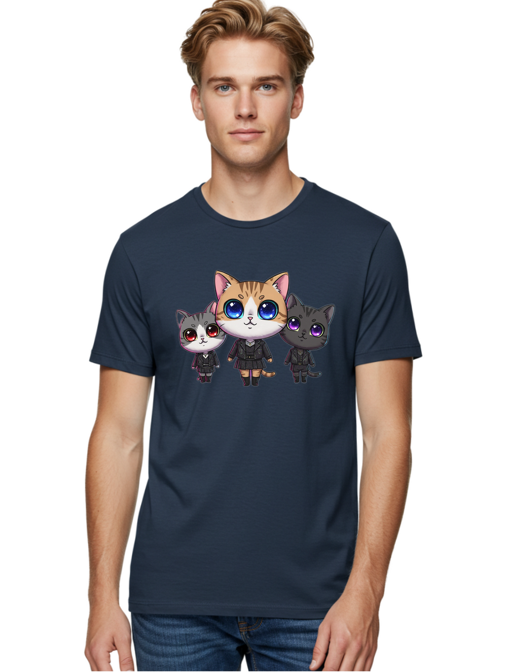 Three-Cats Men'S Graphic Tee, 100% Cotton, Comfortable Casual Summer Wear, Machine Washable, Cartoon Cats, Anime Style, Cute Cats, Kawaii Art, Cat Trio, Cartoon Characters, Stylized Cats, Large Eyes, Dressed Cats, Feline Friends, Digital Art, Bac513