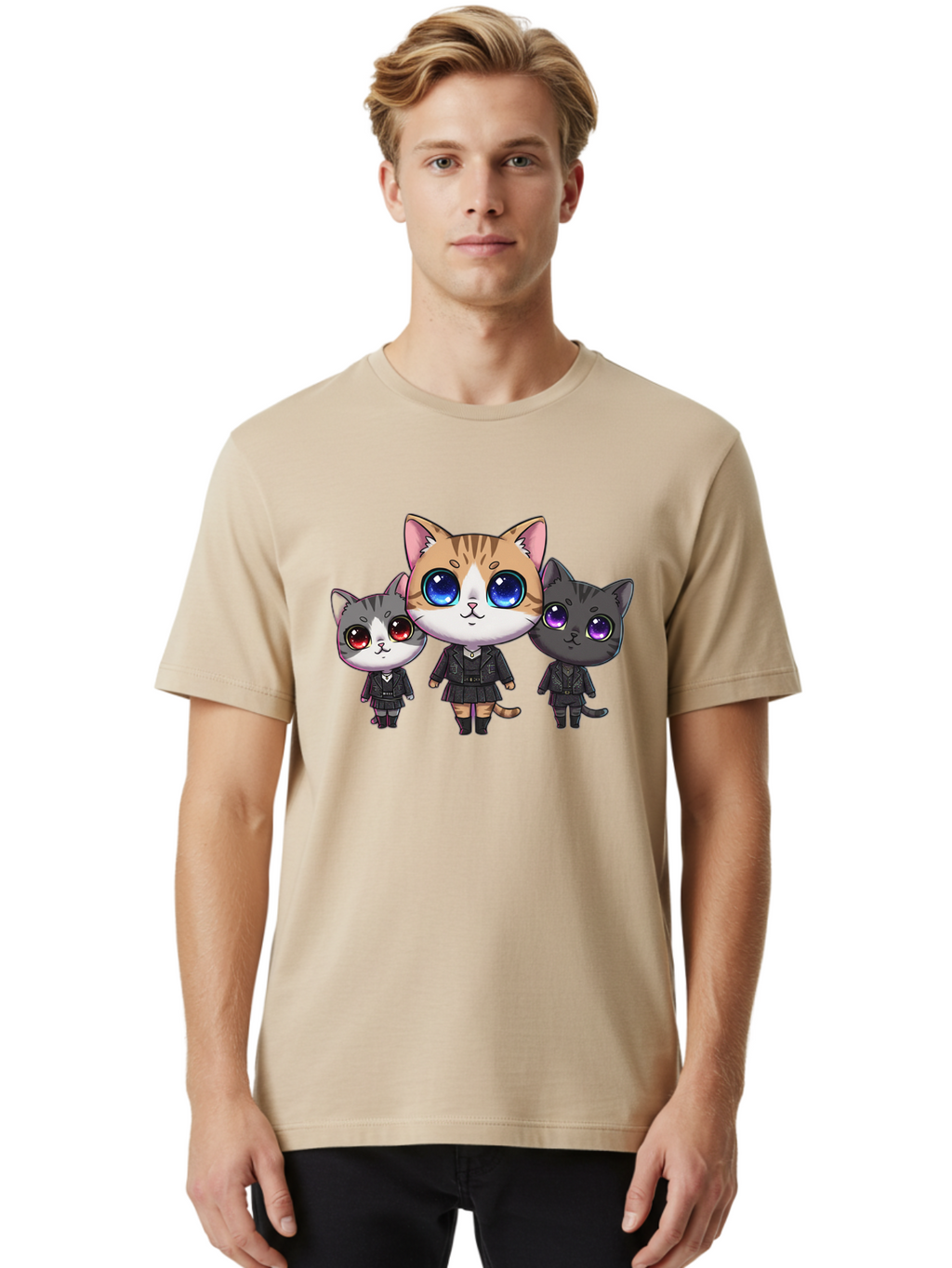 Three-Cats Men'S Graphic Tee, 100% Cotton, Comfortable Casual Summer Wear, Machine Washable, Cartoon Cats, Anime Style, Cute Cats, Kawaii Art, Cat Trio, Cartoon Characters, Stylized Cats, Large Eyes, Dressed Cats, Feline Friends, Digital Art, Bac513