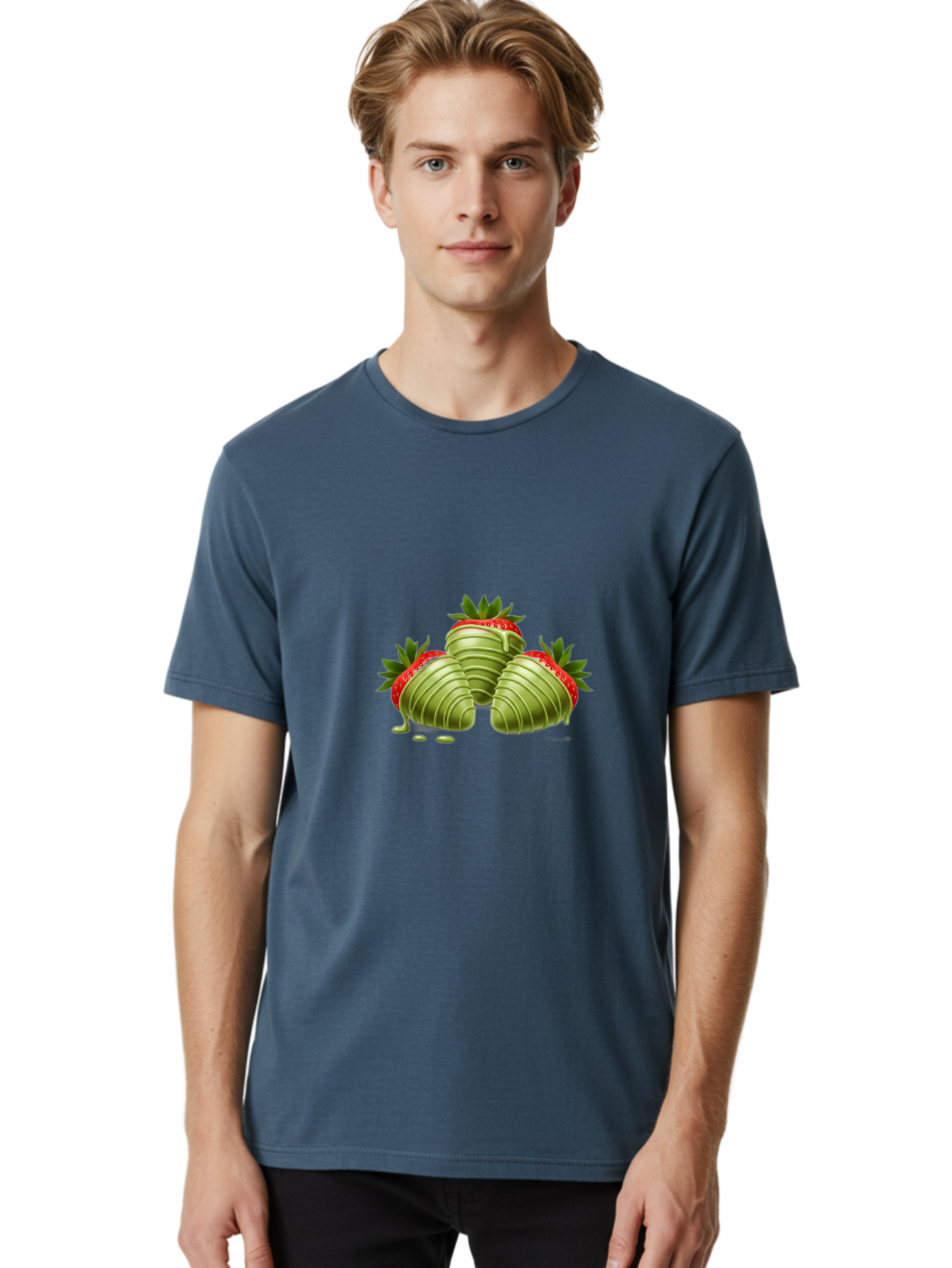 Three-Chocolate-Dipped-Strawberries Men'S Graphic Tee, 100% Cotton, Comfortable Casual Summer Wear, Machine Washable, Chocolate Covered Strawberries, Strawberries Dipped In Chocolate, Dessert, Sweet Treats, Indulgent Snacks, Summer Treats, Bac514