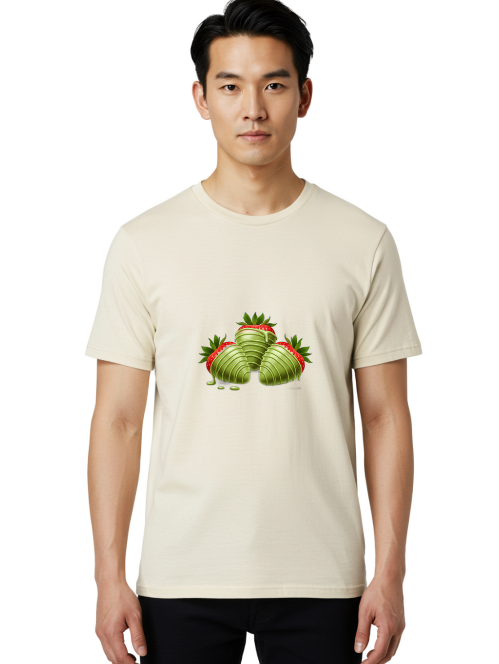 Three-Chocolate-Dipped-Strawberries Men'S Graphic Tee, 100% Cotton, Comfortable Casual Summer Wear, Machine Washable, Chocolate Covered Strawberries, Strawberries Dipped In Chocolate, Dessert, Sweet Treats, Indulgent Snacks, Summer Treats, Bac514