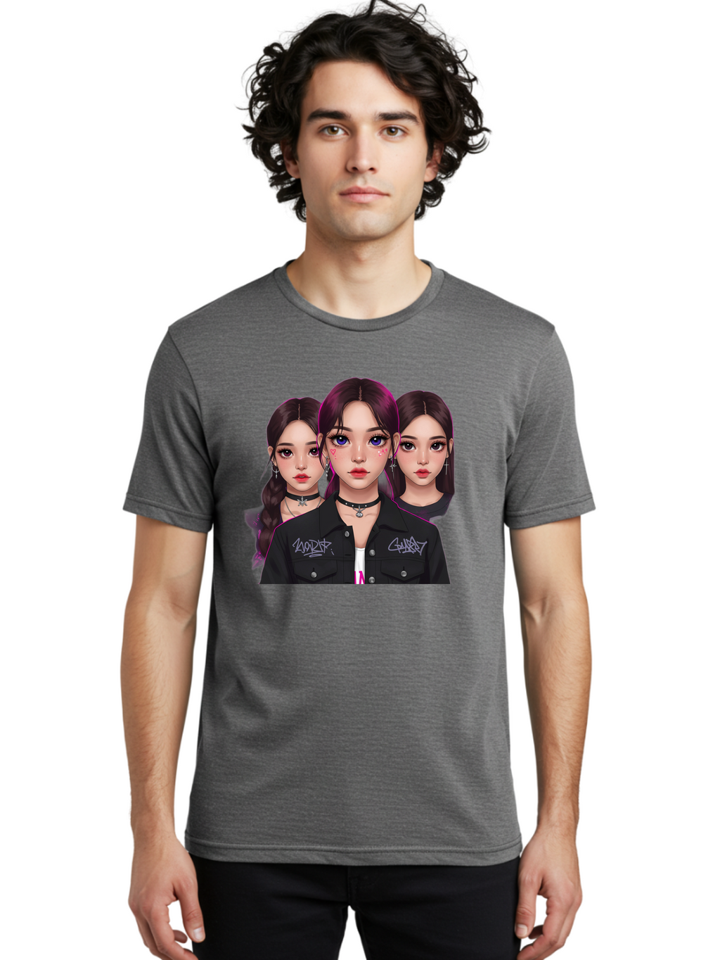Three-Faced-Woman-Portrait Men'S Graphic Tee, 100% Cotton, Comfortable Casual Summer Wear, Machine Washable, K-Pop Idols, Fashion Style, Edgy Look, Dark Hair, Bold Makeup, Choker Necklaces, Graffiti Jacket, Girl Power, Korean Pop Culture Bac515