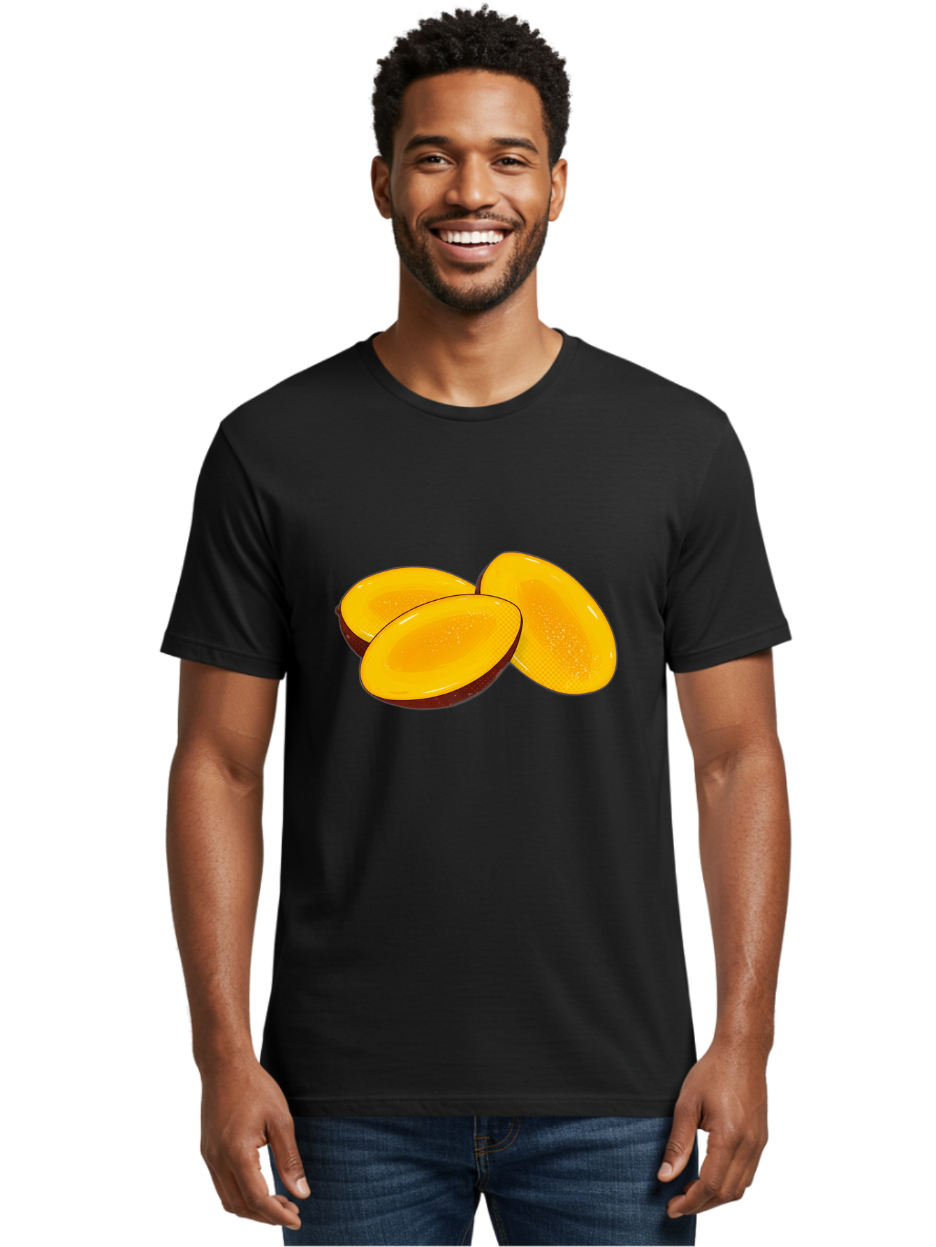 Three-Mango-Slices Men'S Graphic Tee, 100% Cotton, Comfortable Casual Summer Wear, Machine Washable, Mango Slices, Tropical Fruit, Yellow Fruit, Fruit Illustration, Sliced Mango, Healthy Snack, Vibrant Yellow, Fresh Fruit Bac517